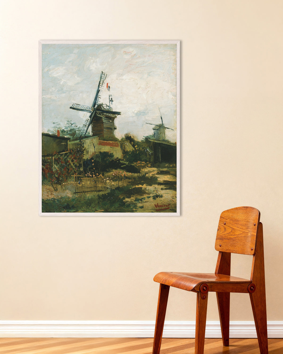 Poster de Moulins à vent sur la butte Montmartre (1886) de Vincent van Gogh, avec un cadre en bois blanc