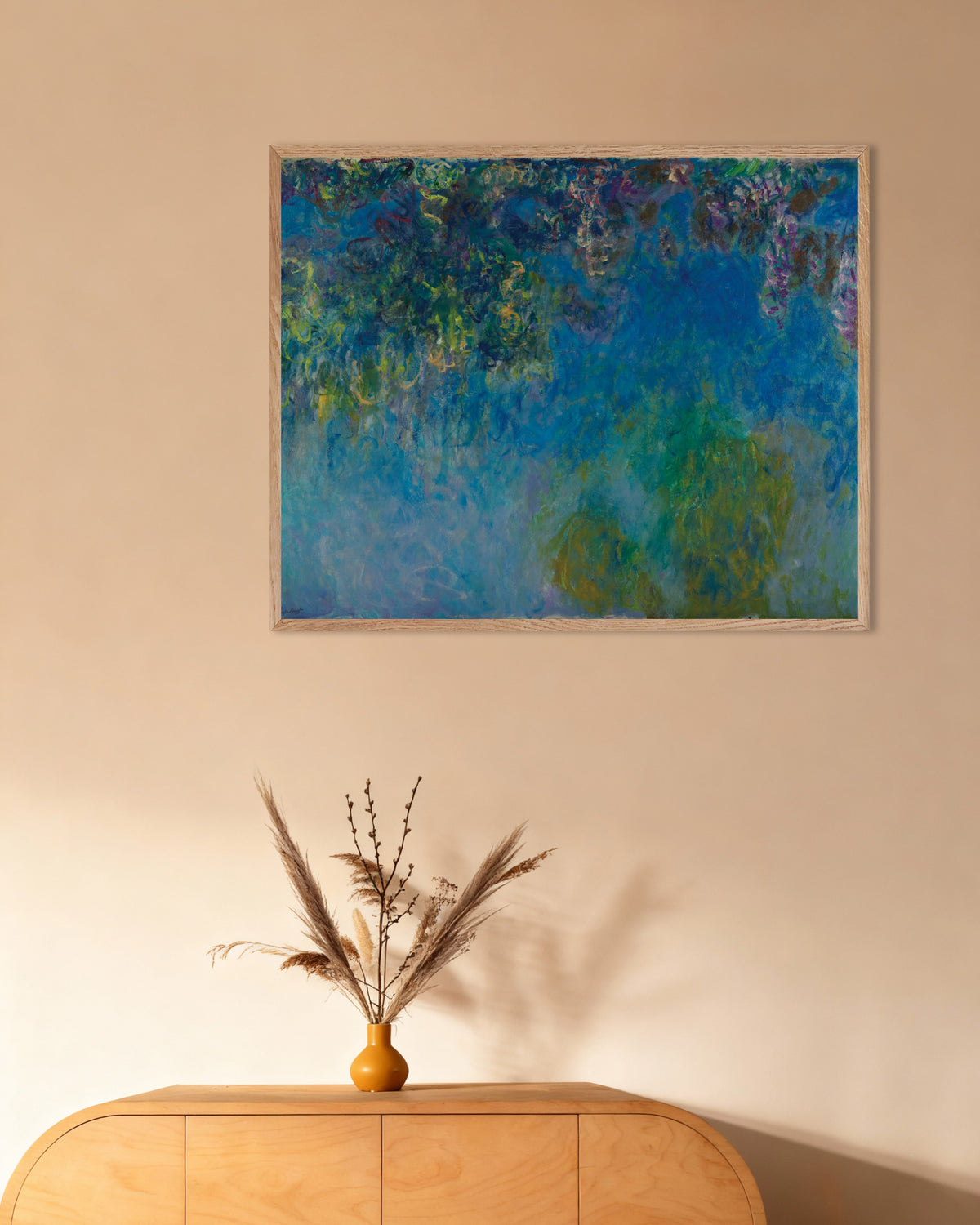 Affiche Glycines (vers 1925) de Claude Monet, avec un cadre en bois naturel