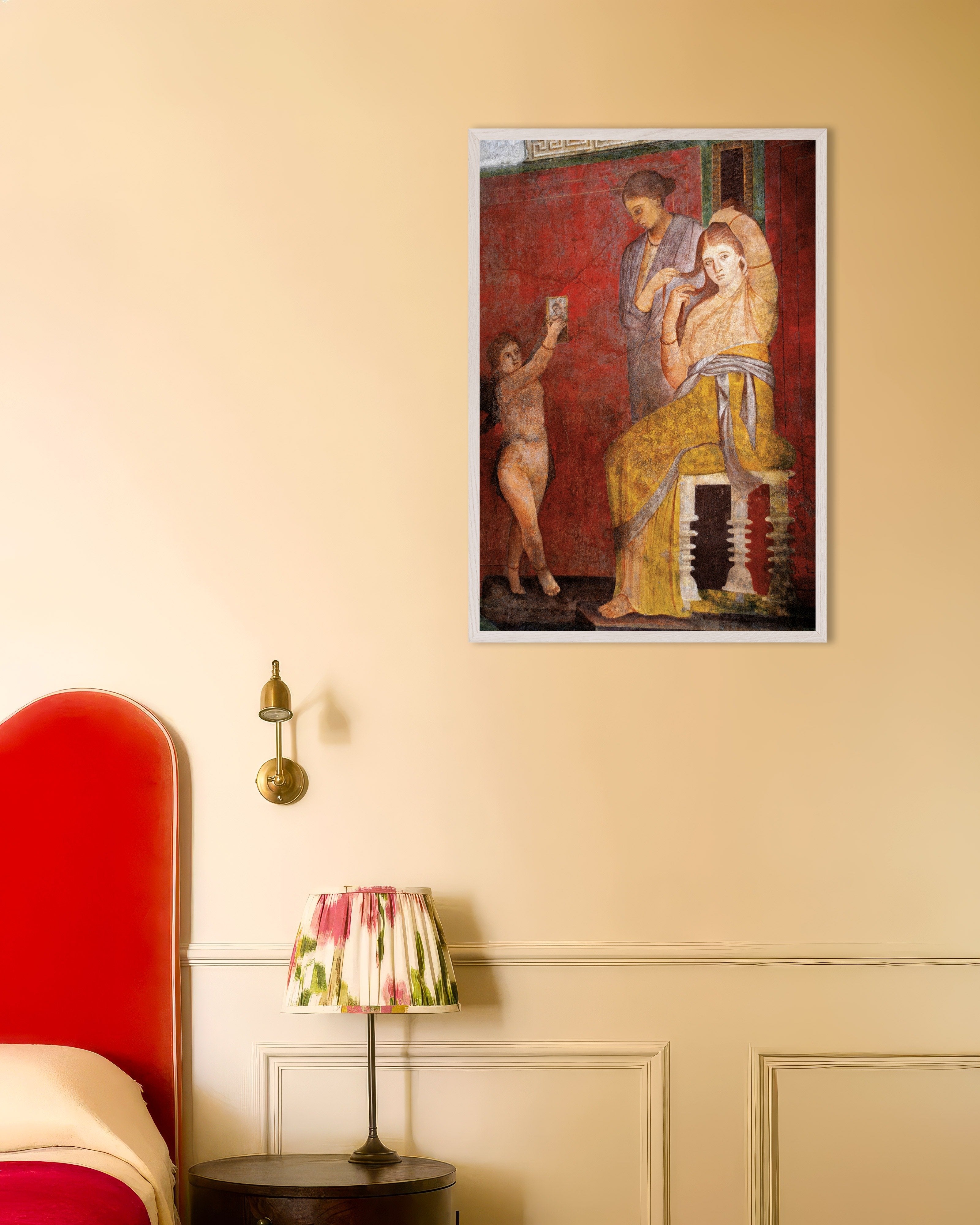 Poster of Woman having hair done fresco poster, with white wooden frame