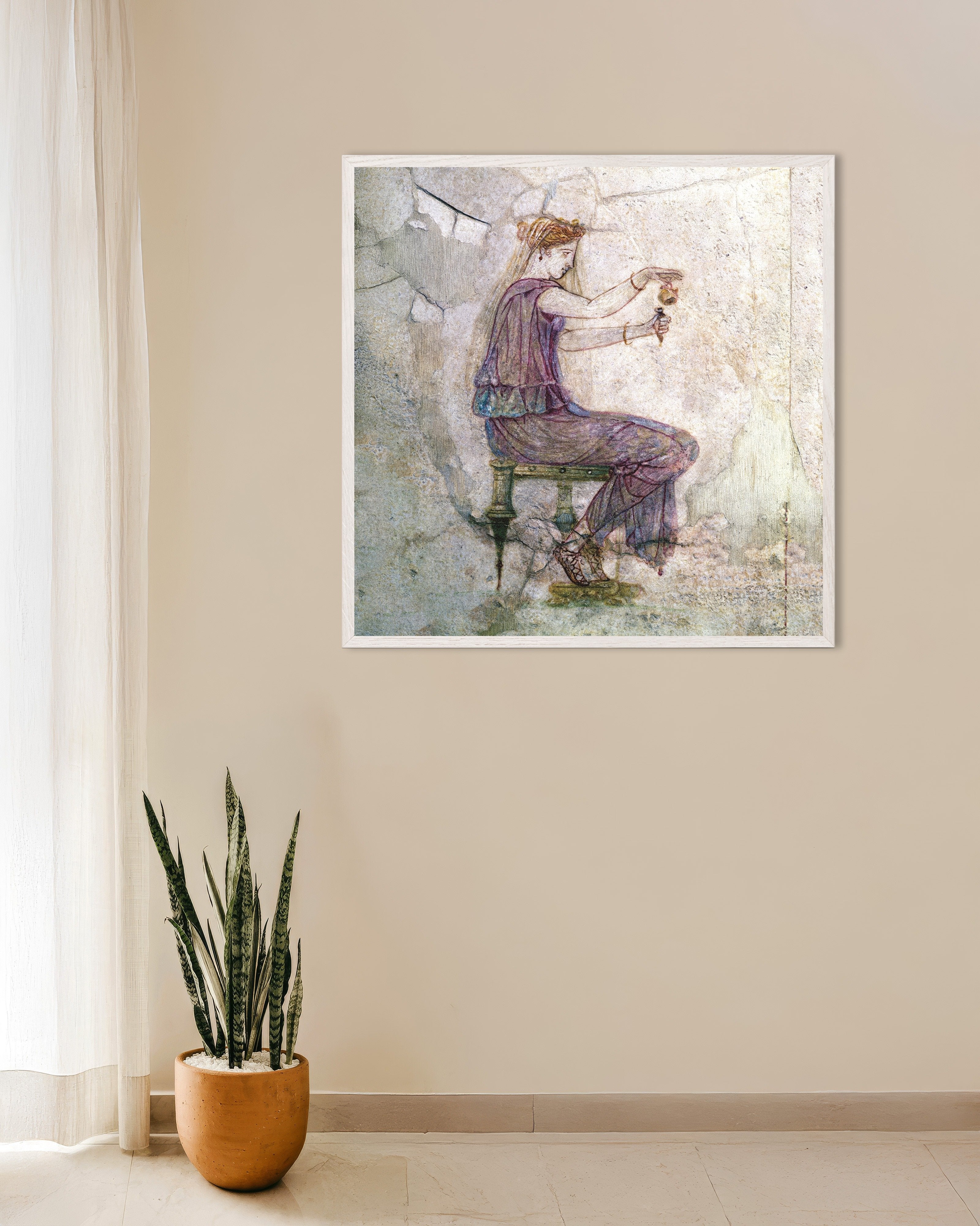 Poster of Woman pouring perfume fresco poster, with white wooden frame