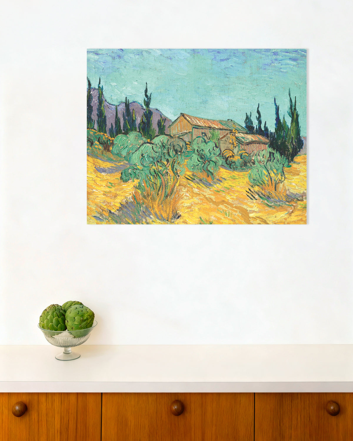 Poster de Cabanes en bois parmi les oliviers et les cyprès (1889), de Vincent van Gogh