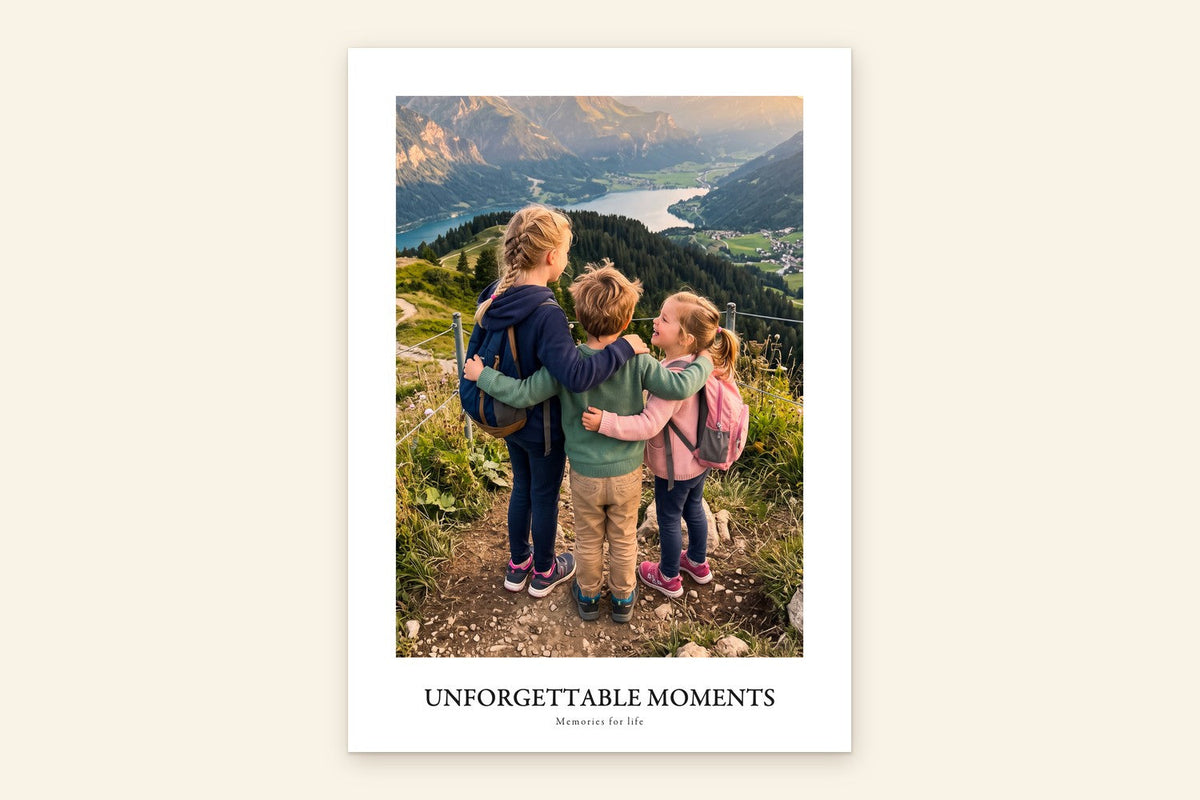 Custom photo poster with white borders: three children hugging above a mountain lake, with the title Unforgettable Moments and the subtitle Memories for life