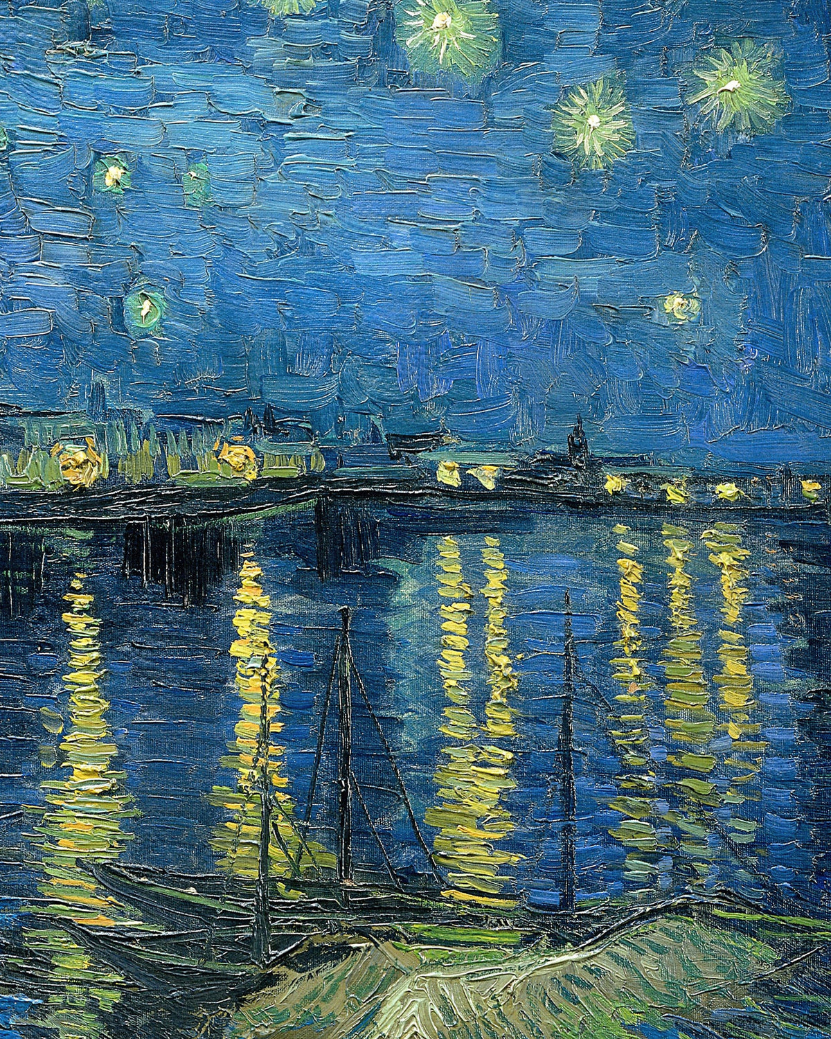 Détail de La Nuit étoilée sur le Rhône (1888) de Vincent van Gogh : les lumières d’Arles se reflètent dans le fleuve sous un ciel bleu étoilé