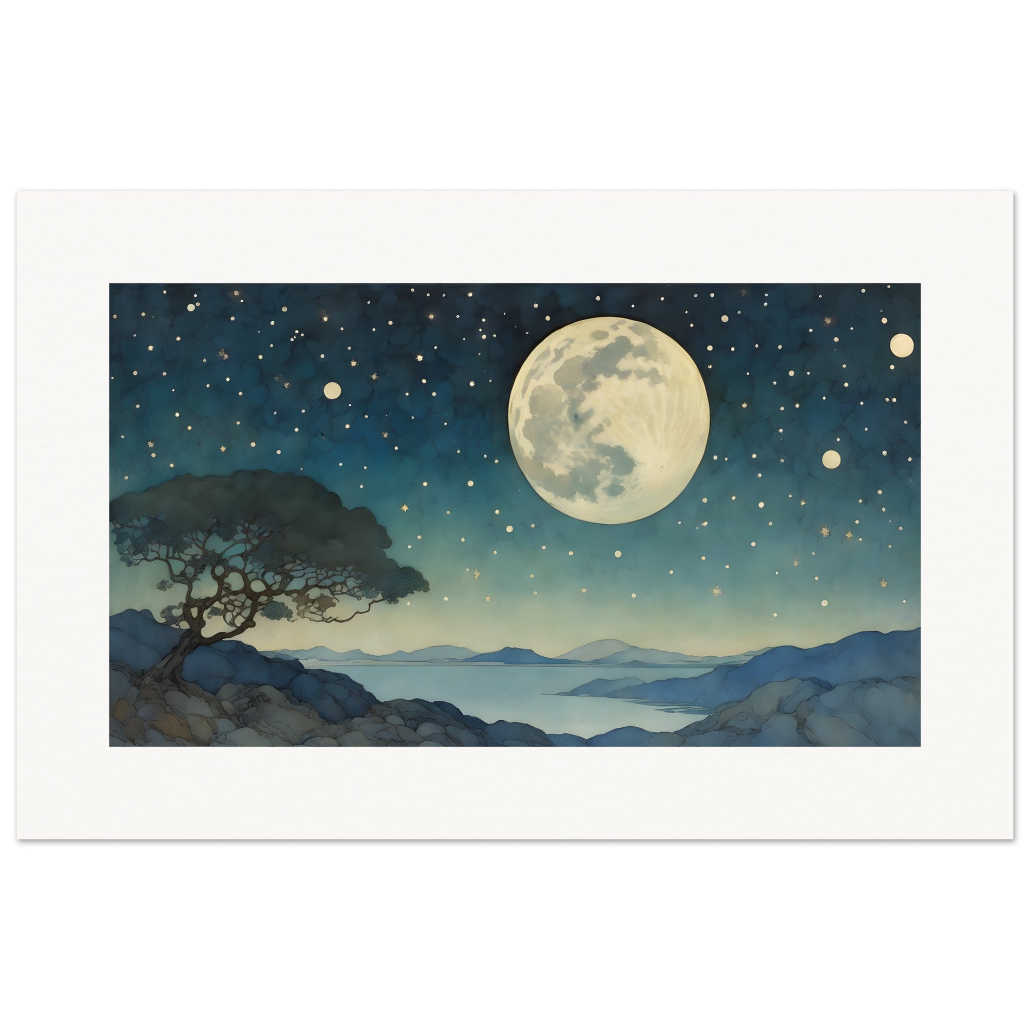 Illustration enchanteresse, Lune et ciel étoilé - Affiche