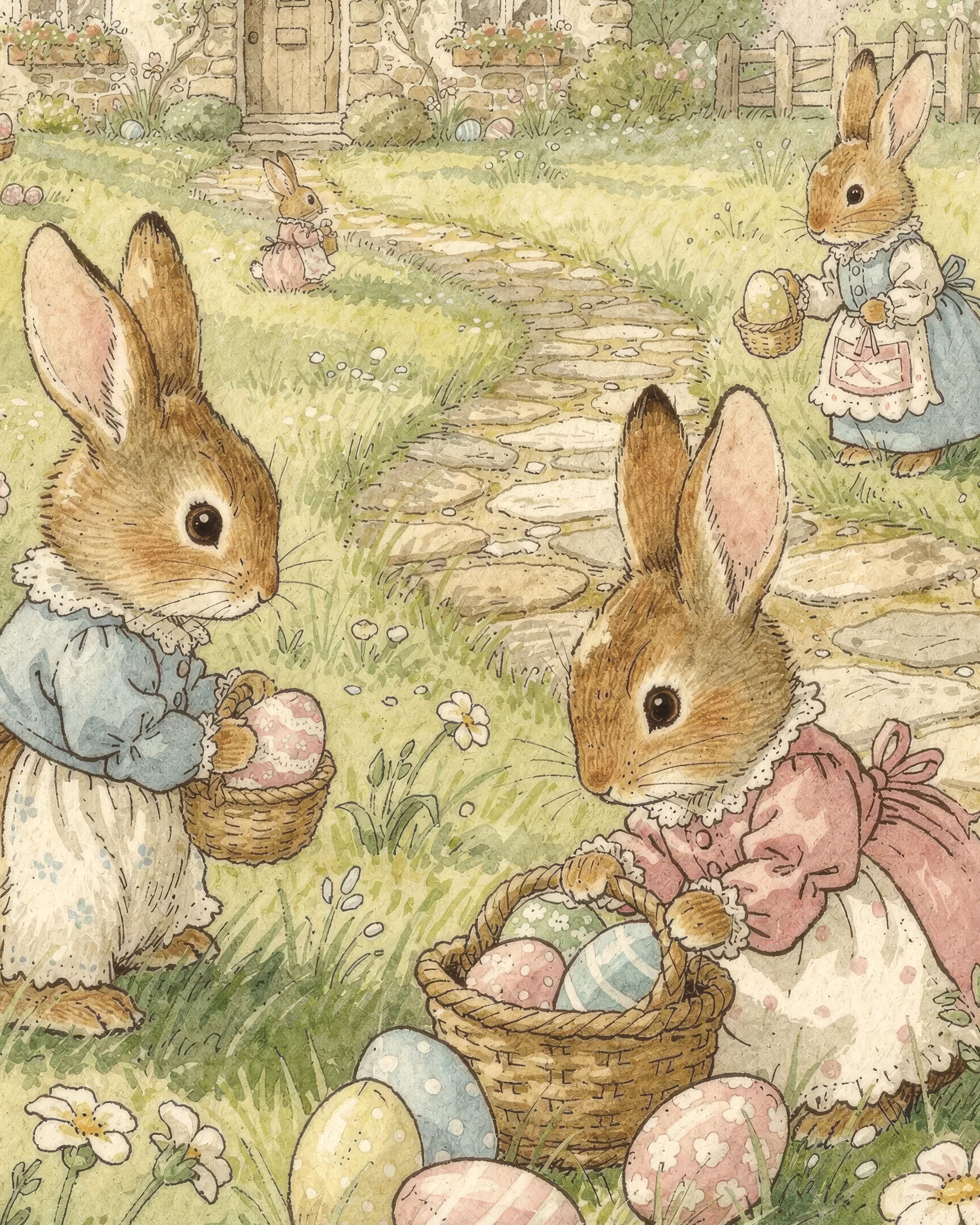 Lapins de Pâques au Cottage - Affiche