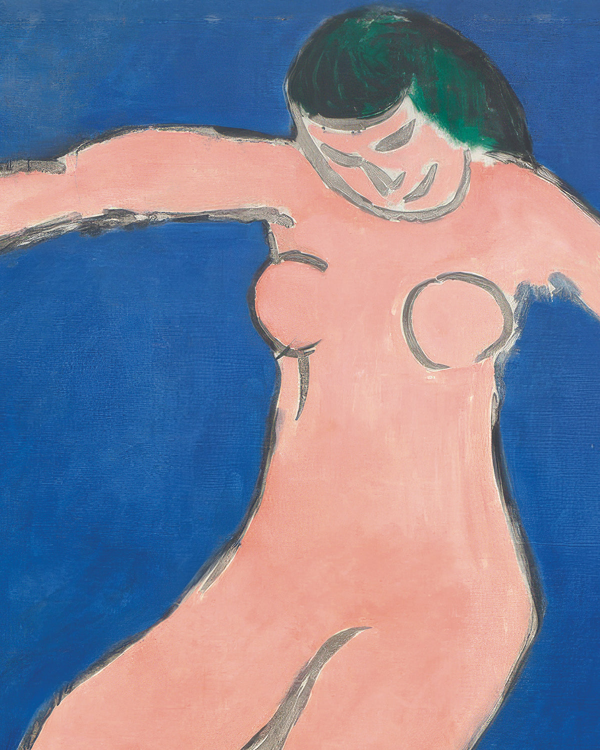 Peinture abstraite d’Henri Matisse représentant une femme nue au corps rose pêche, aux cheveux vert foncé, avec des lignes grises, sur un fond bleu uni.