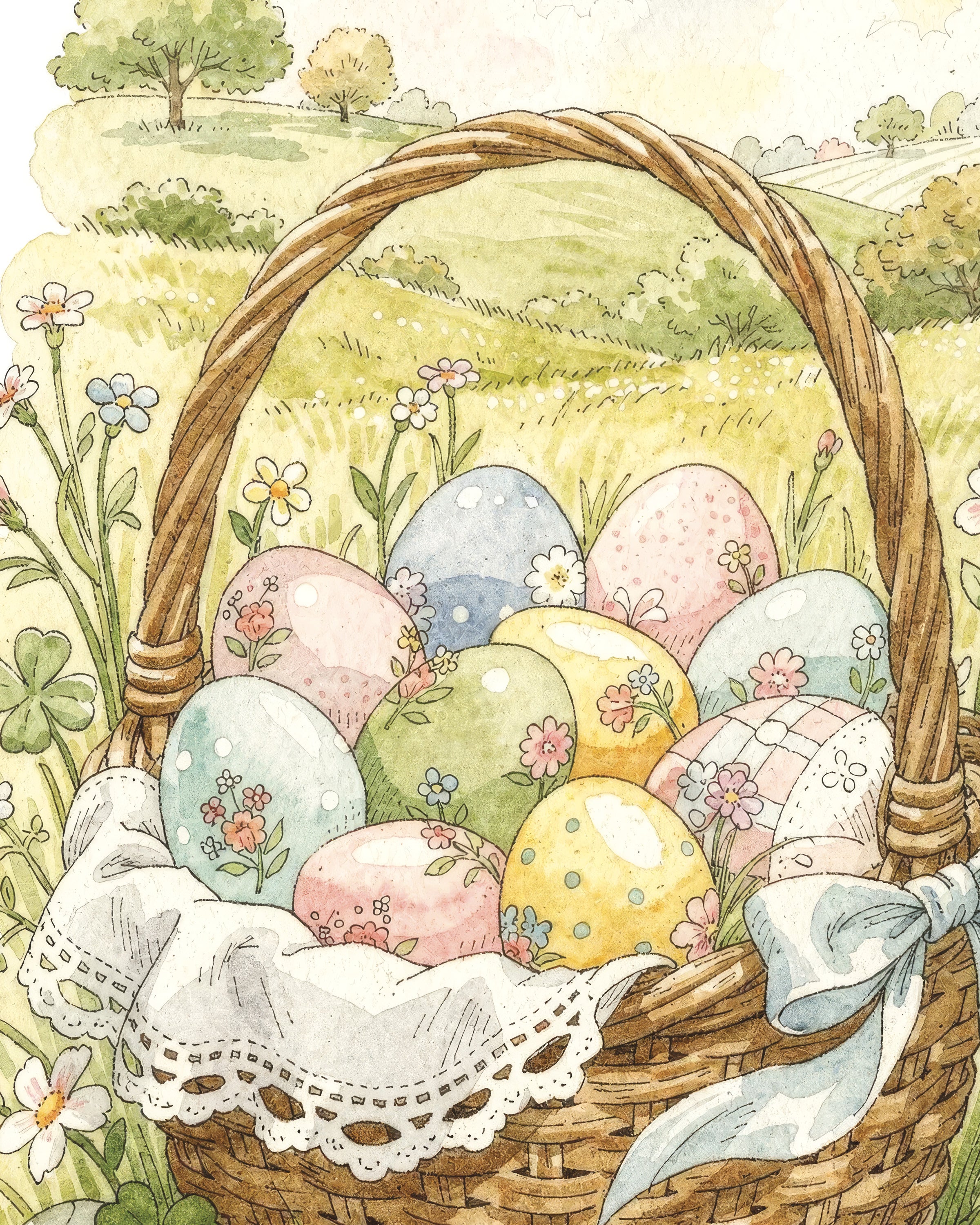 Panier de Pâques dans une Prairie - Poster Aquarelle Pastel