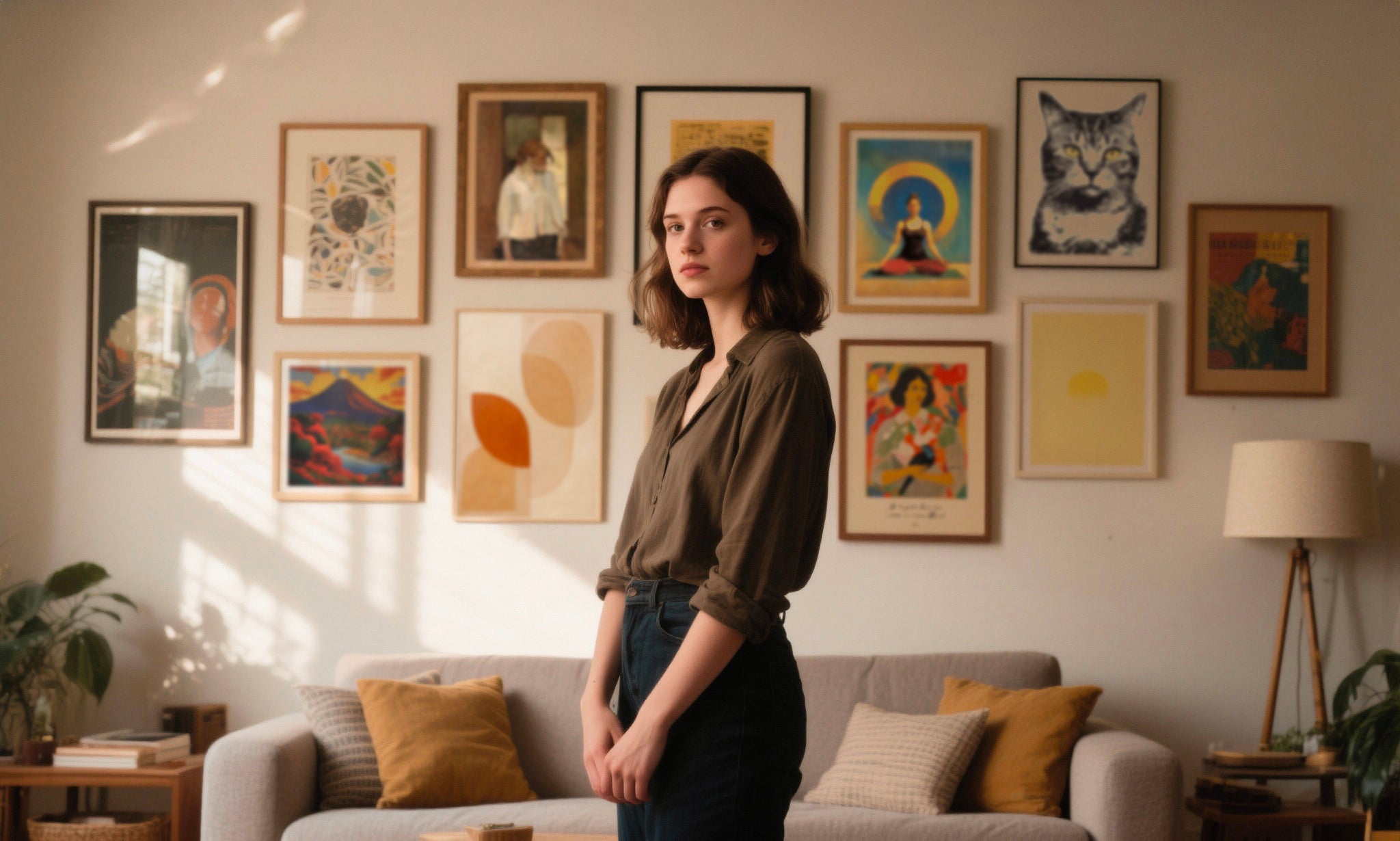 Woman standing in a living room with colorful artwork on the wall
