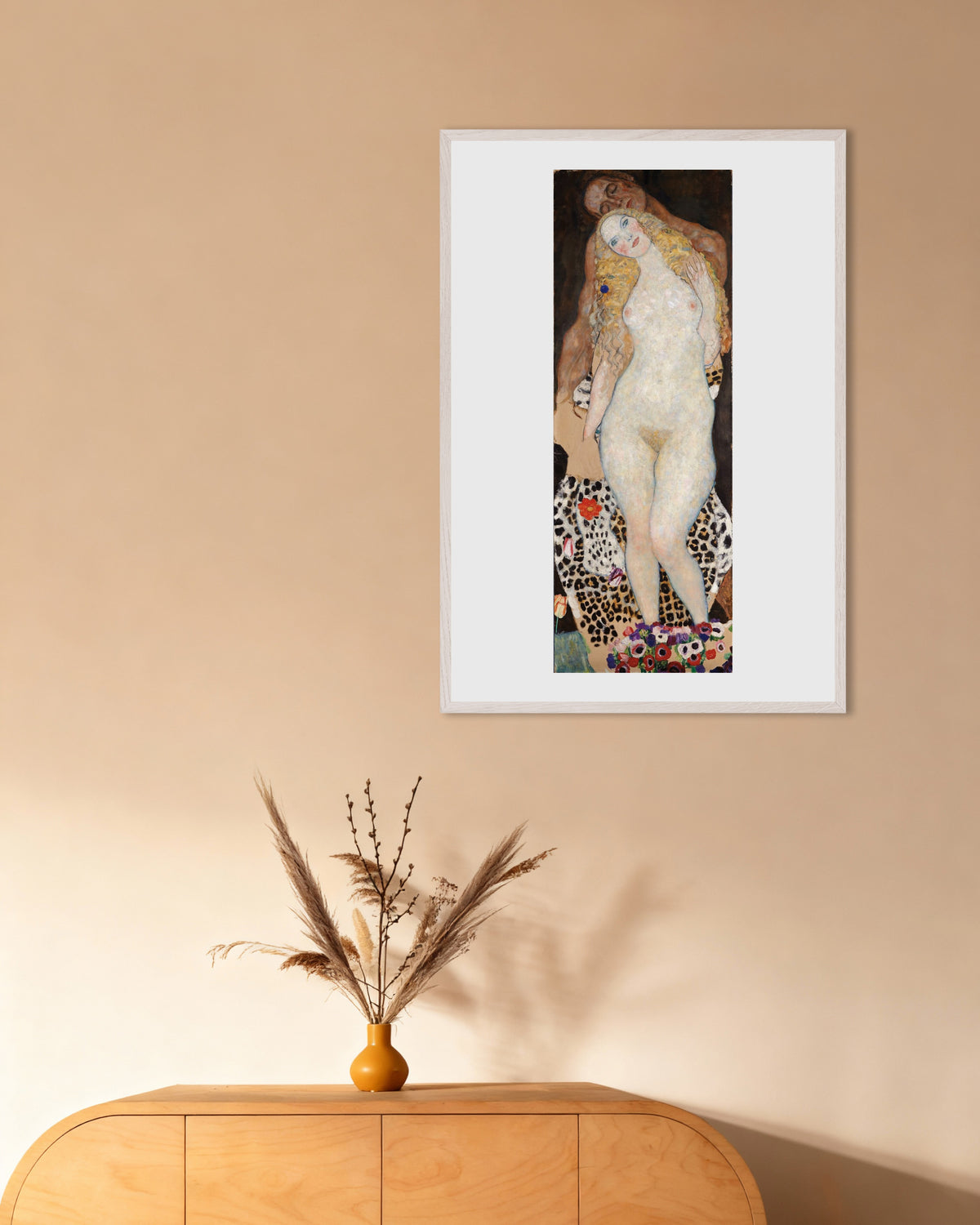Affiche Adam et Ève (1917–1918) de Gustav Klimt, avec un cadre en bois blanc