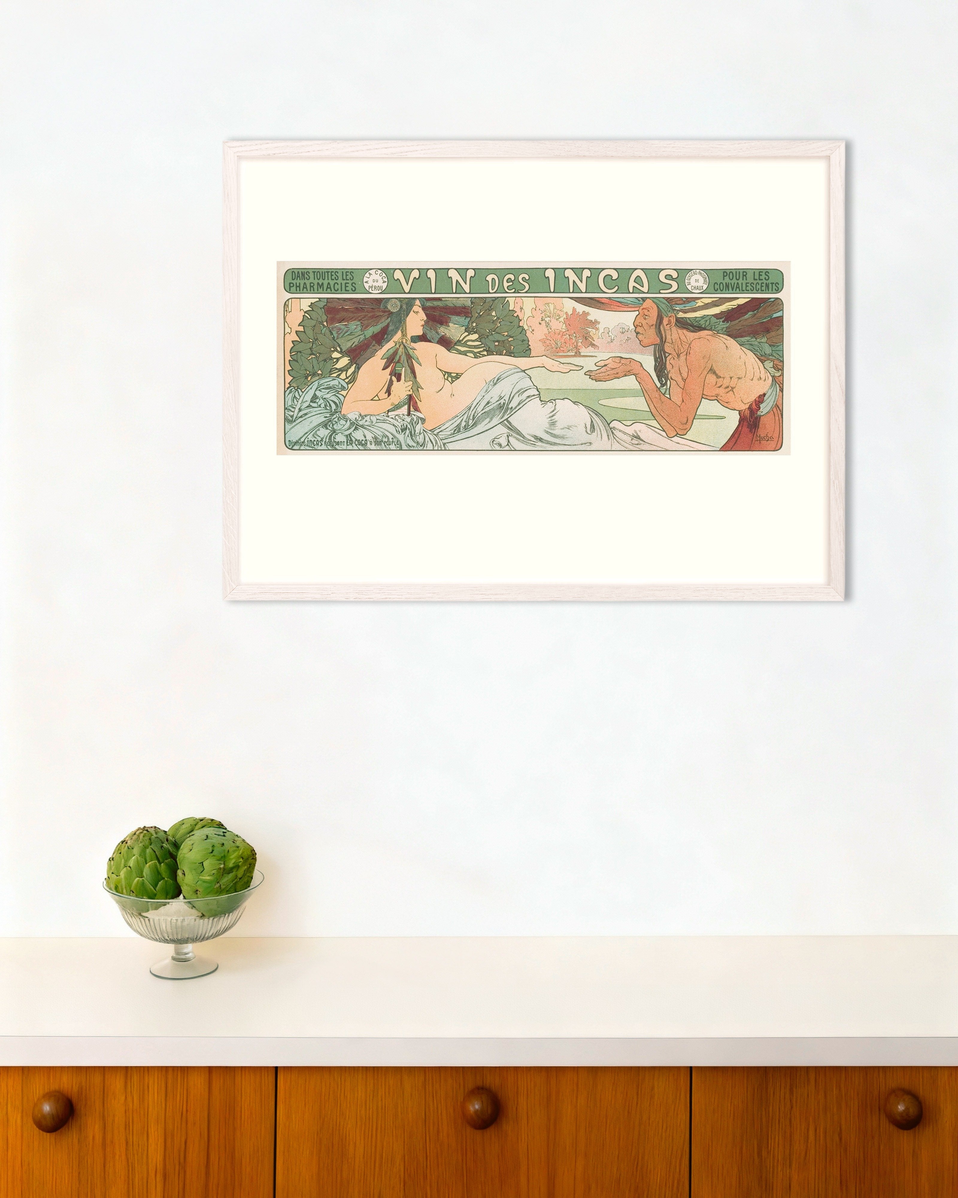 Poster of Alfons Mucha poster, Wine of the Incas, with white wooden frame