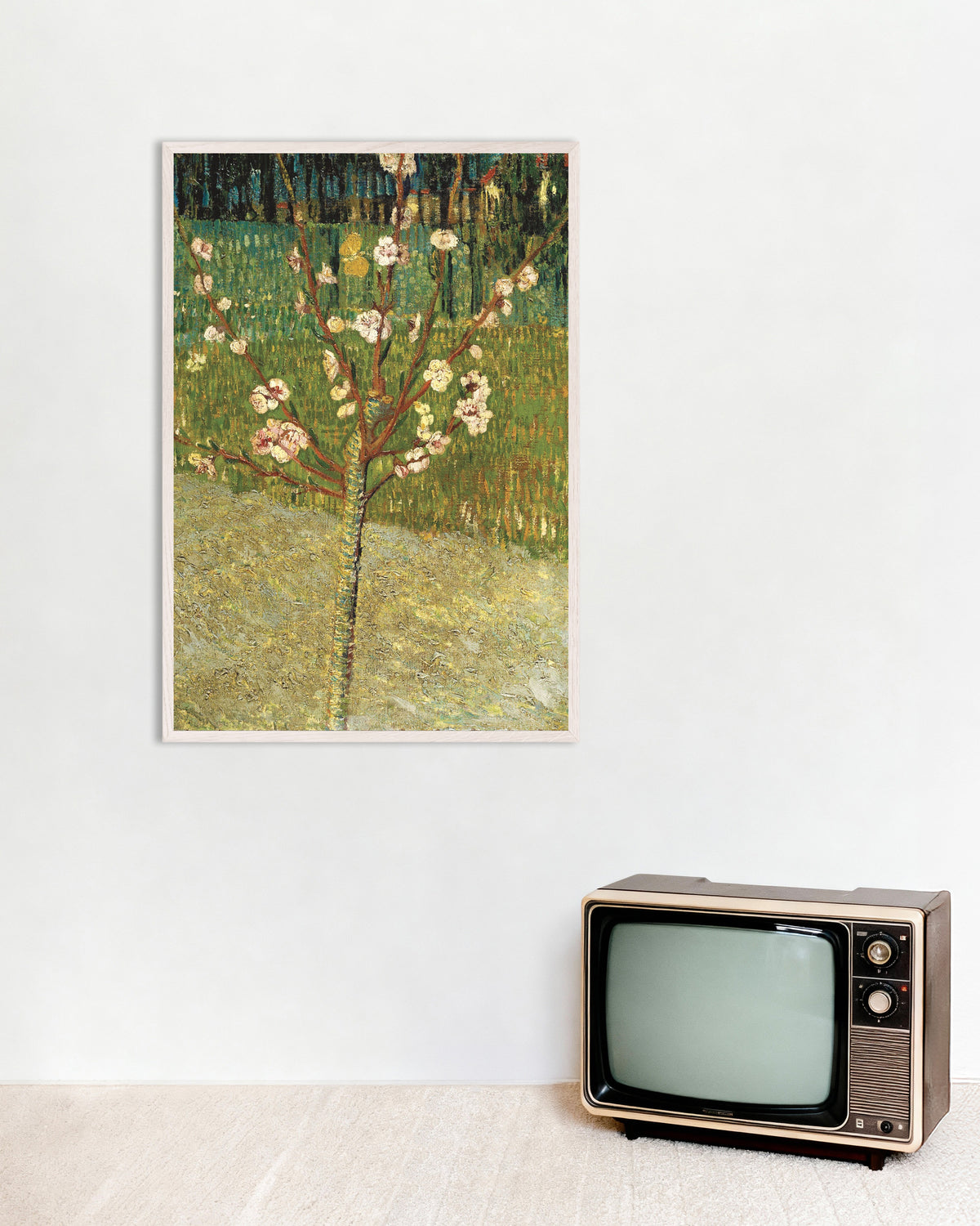 Poster de Amandier en fleurs (1888) de Vincent van Gogh, avec un cadre en bois blanc