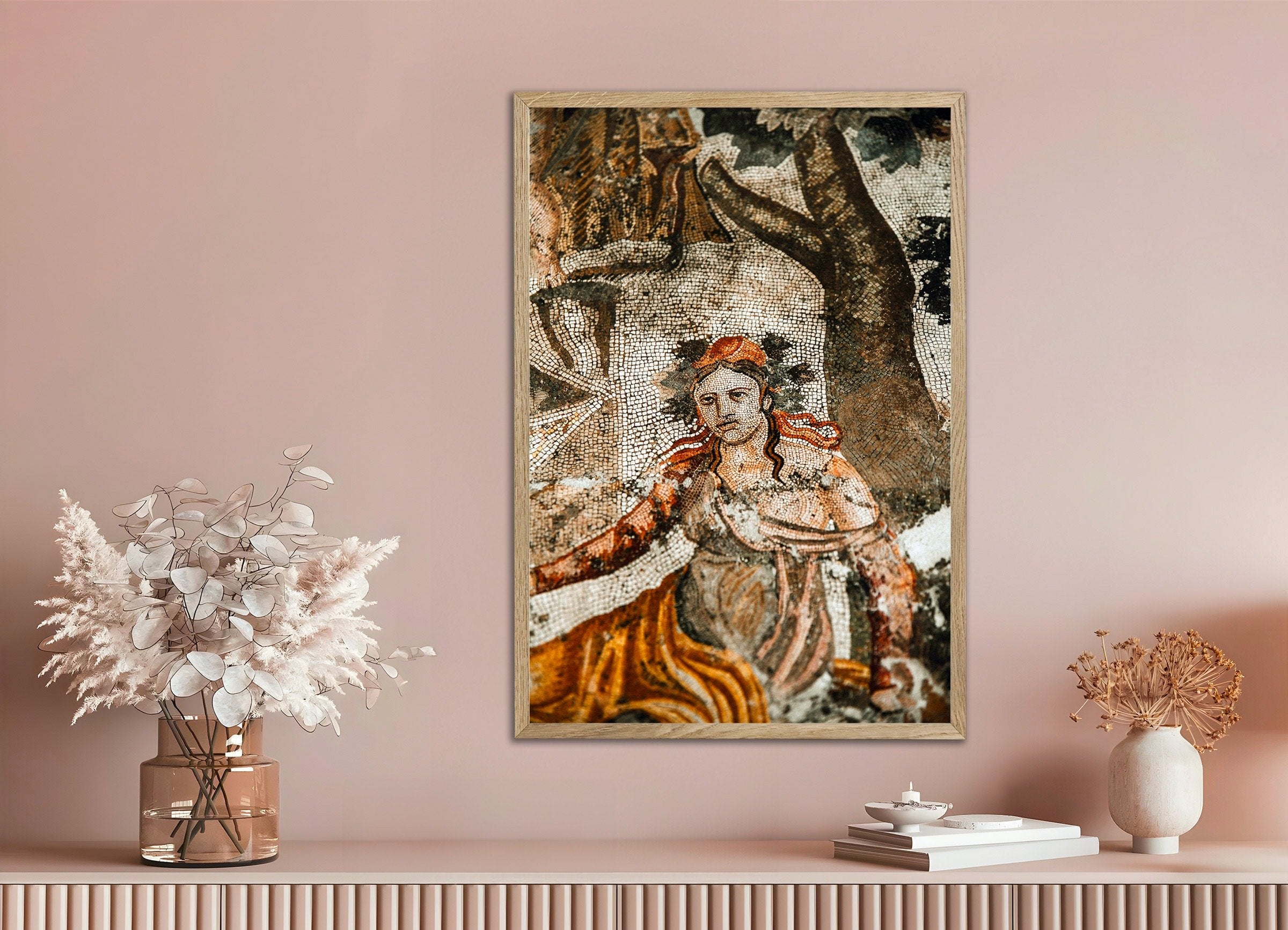 Poster of Ancient Pompeii Mosaic Portrait - Roman Tessellated Art Print, with natural wooden frame