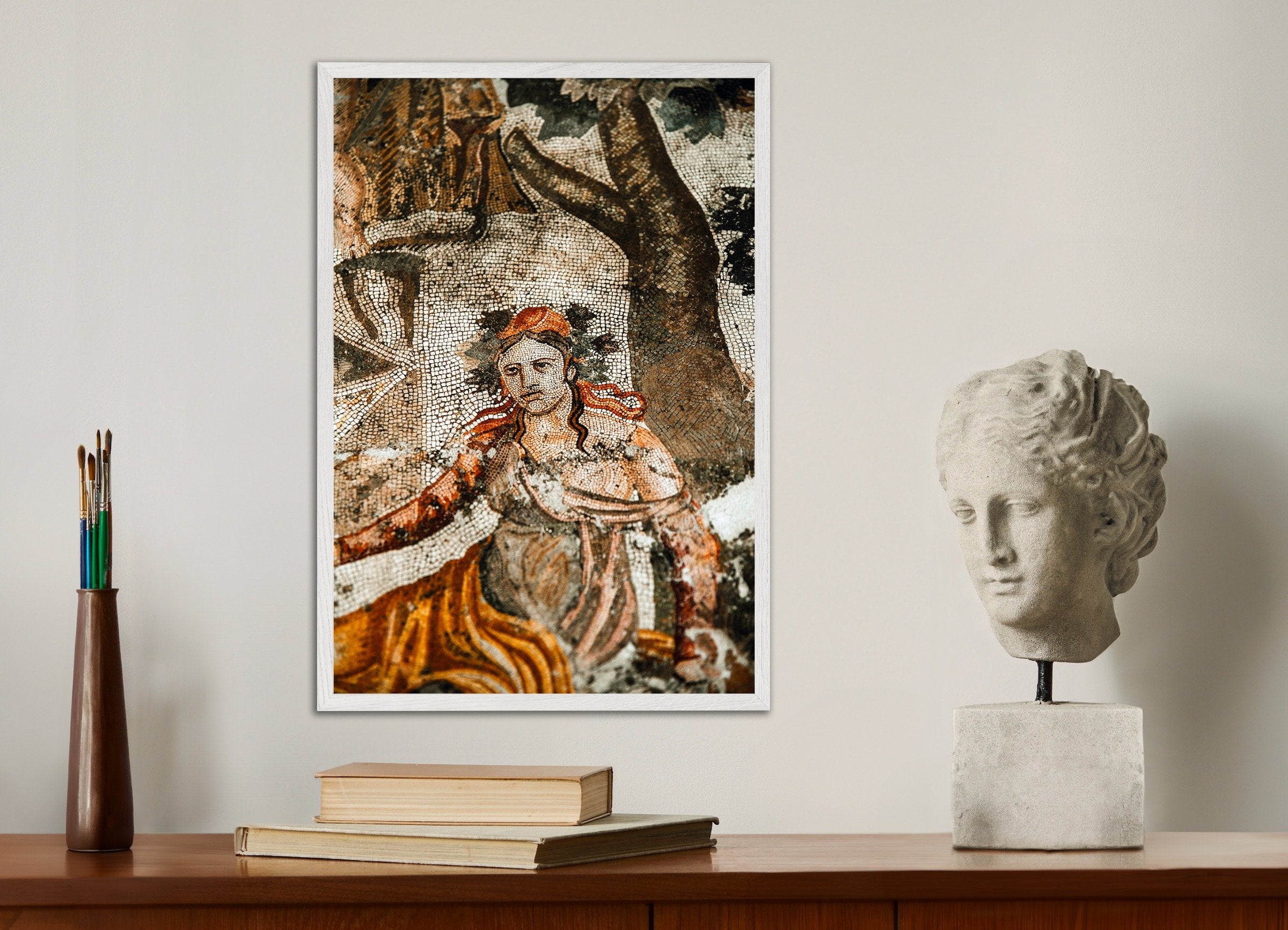 Poster of Ancient Pompeii Mosaic Portrait - Roman Tessellated Art Print, with white wooden frame