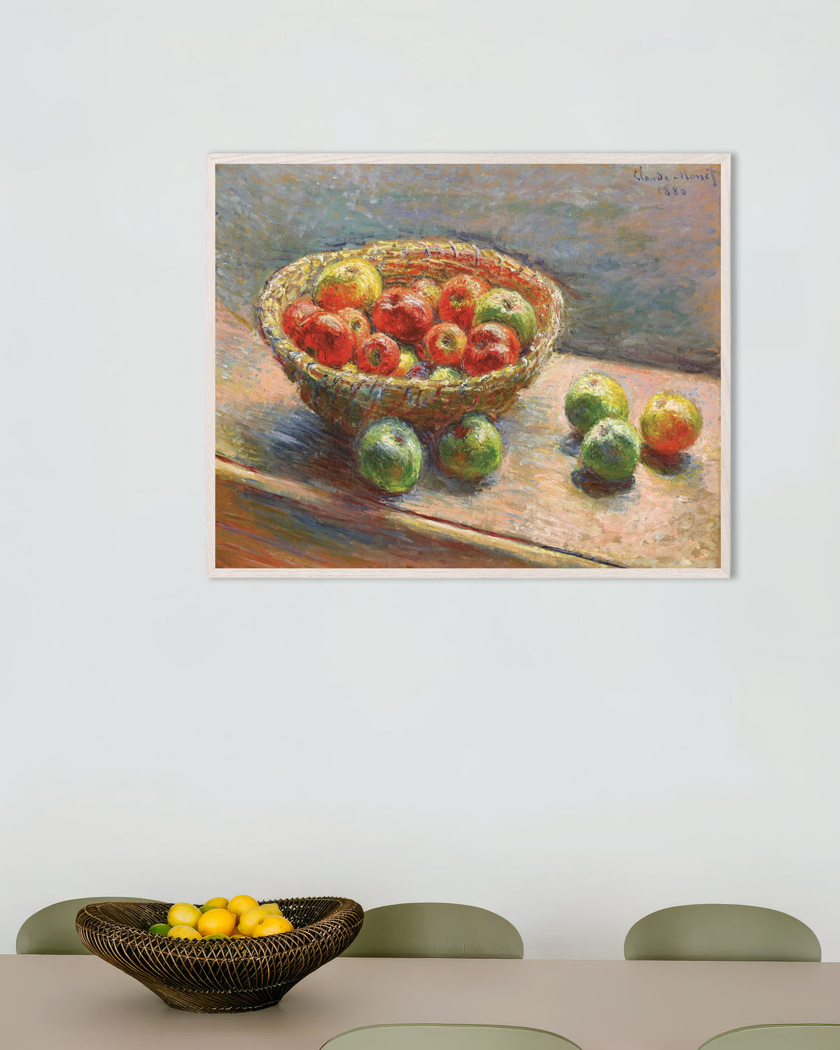 Affiche Le Panier de pommes (1880) de Claude Monet, avec un cadre en bois blanc