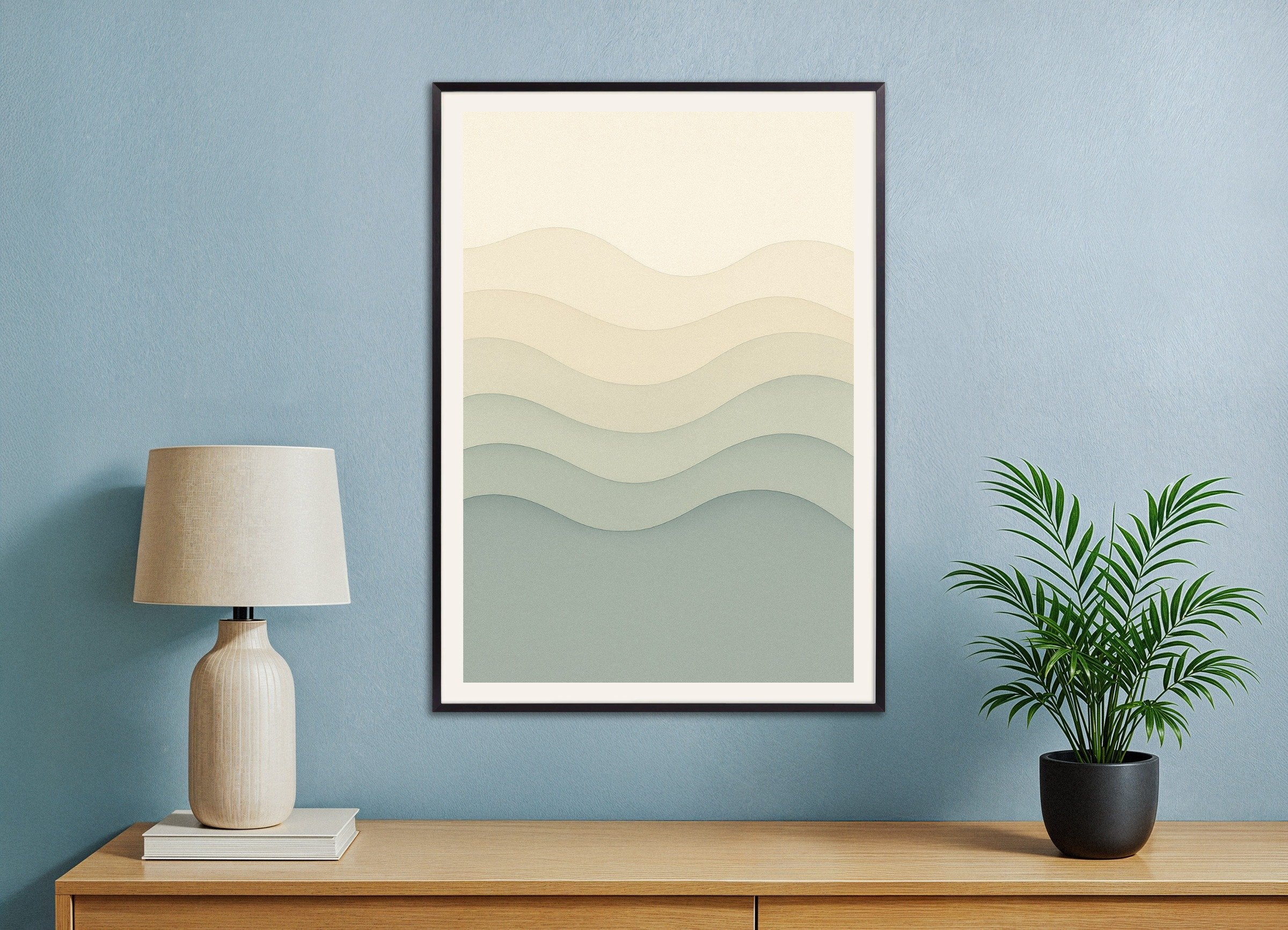Poster of Beige and blue abstract waves print, with metal frame
