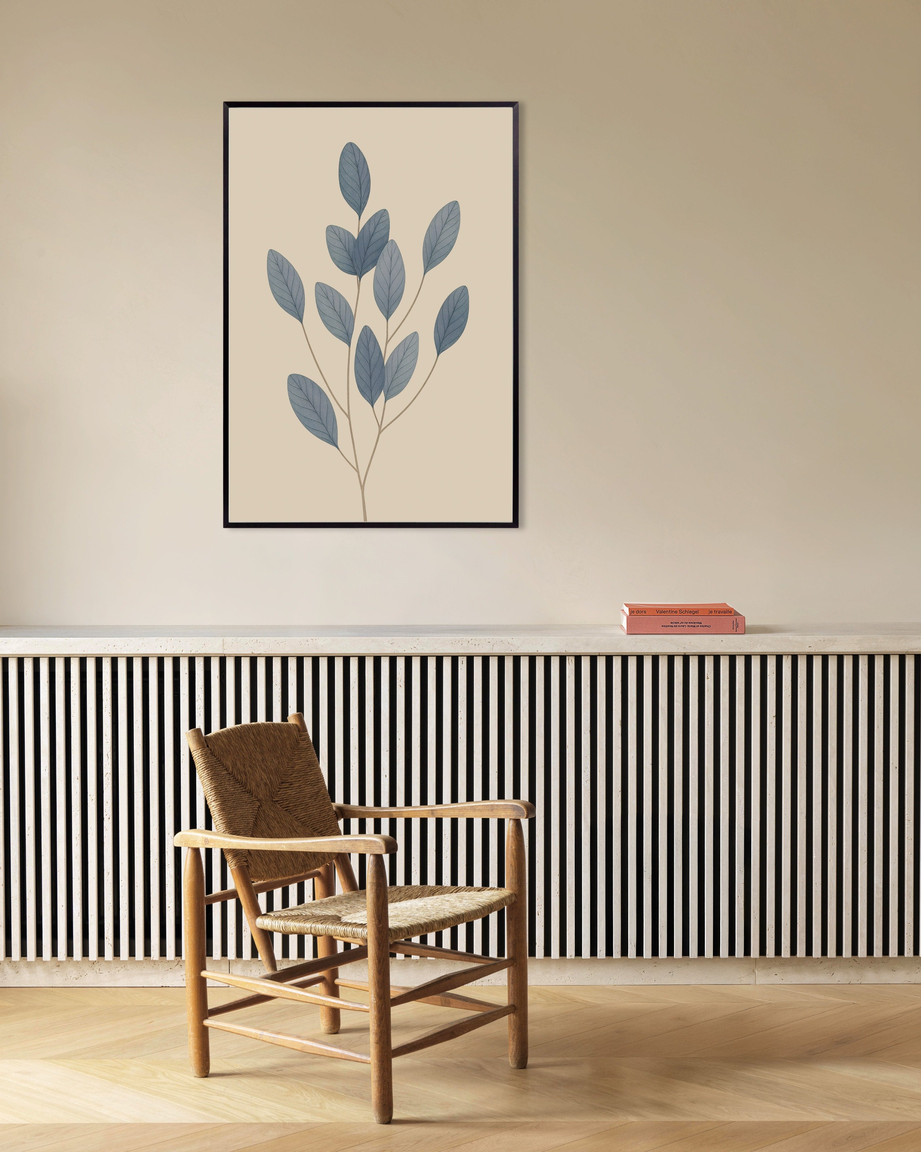 Poster of Blue Leaves Poster – Minimal Botanical Art, with metal frame