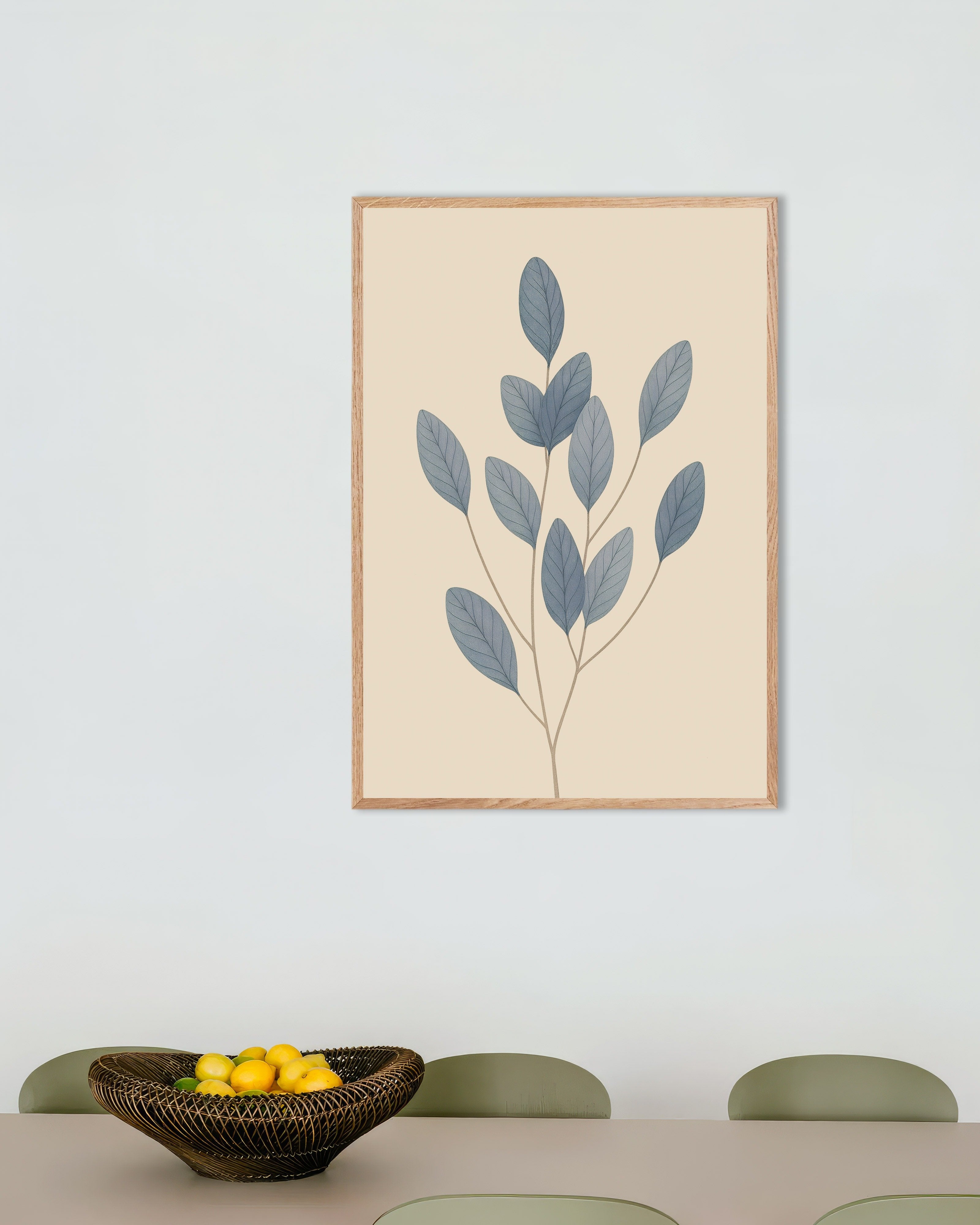 Poster of Blue Leaves Poster – Minimal Botanical Art, with natural wooden frame