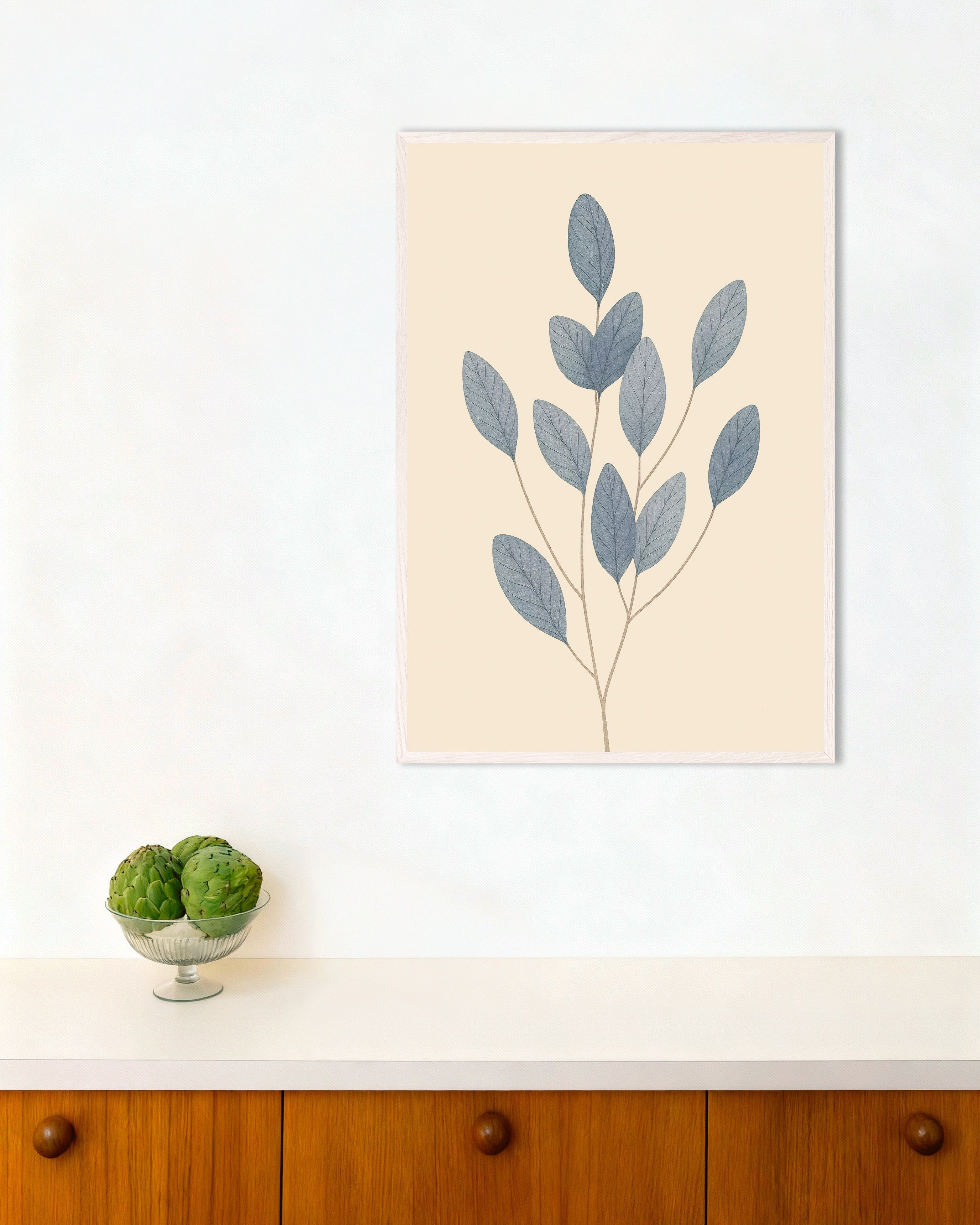 Poster of Blue Leaves Poster – Minimal Botanical Art, with white wooden frame