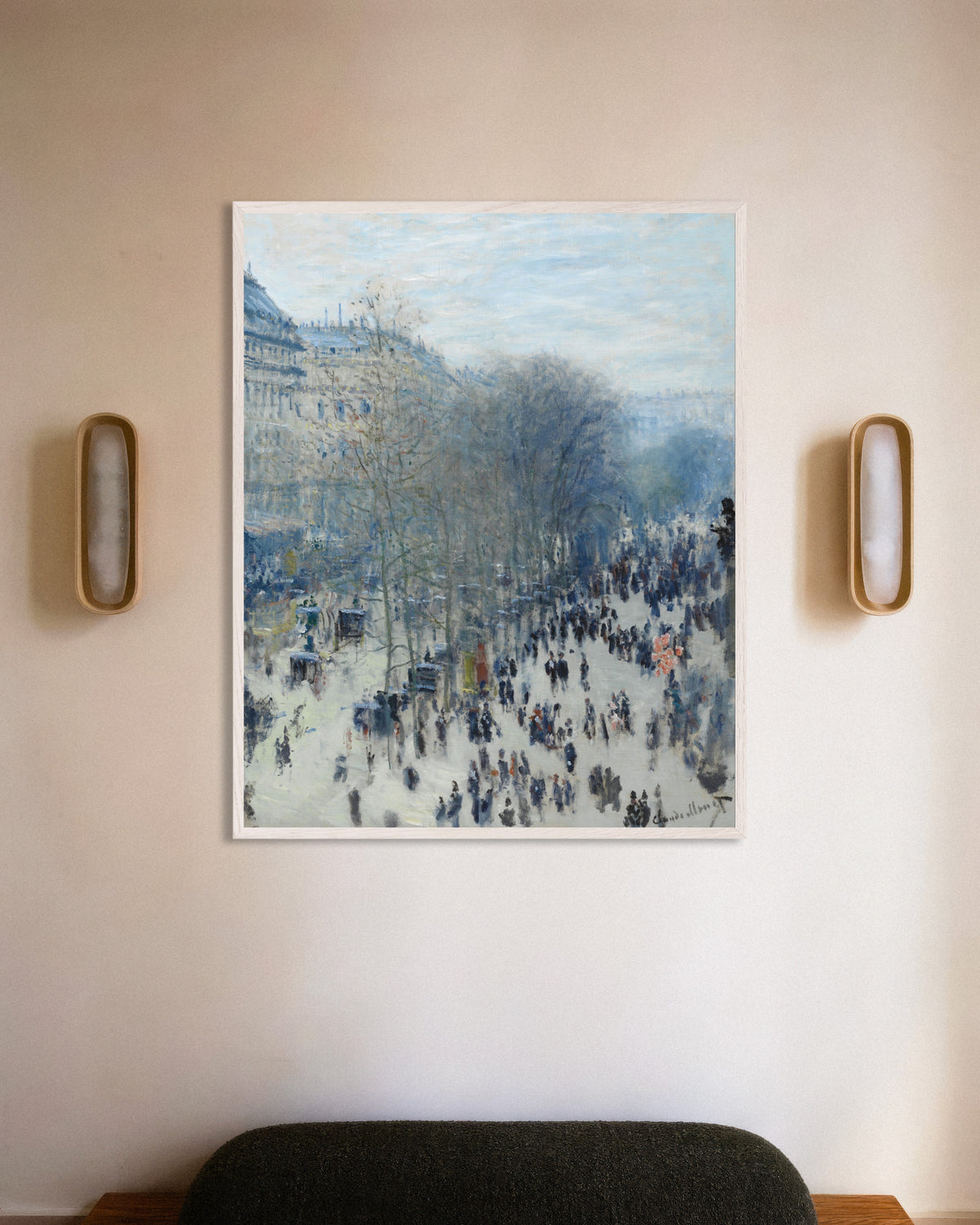 Affiche Le Boulevard des Capucines (1873–1874) de Claude Monet, avec un cadre en bois blanc