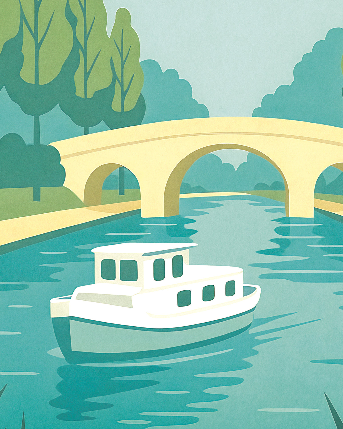 Illustration stylisée d’un bateau blanc sur une eau turquoise, sous un pont jaune pâle, avec des arbres verts en arrière-plan.