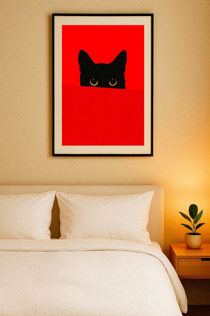 Chat derrière un mur rouge - Affiche