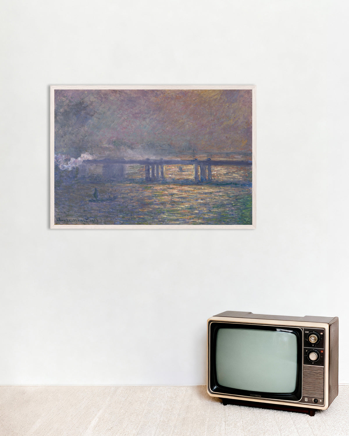 Affiche Charing Cross Bridge (1903) de Claude Monet, avec un cadre en bois blanc