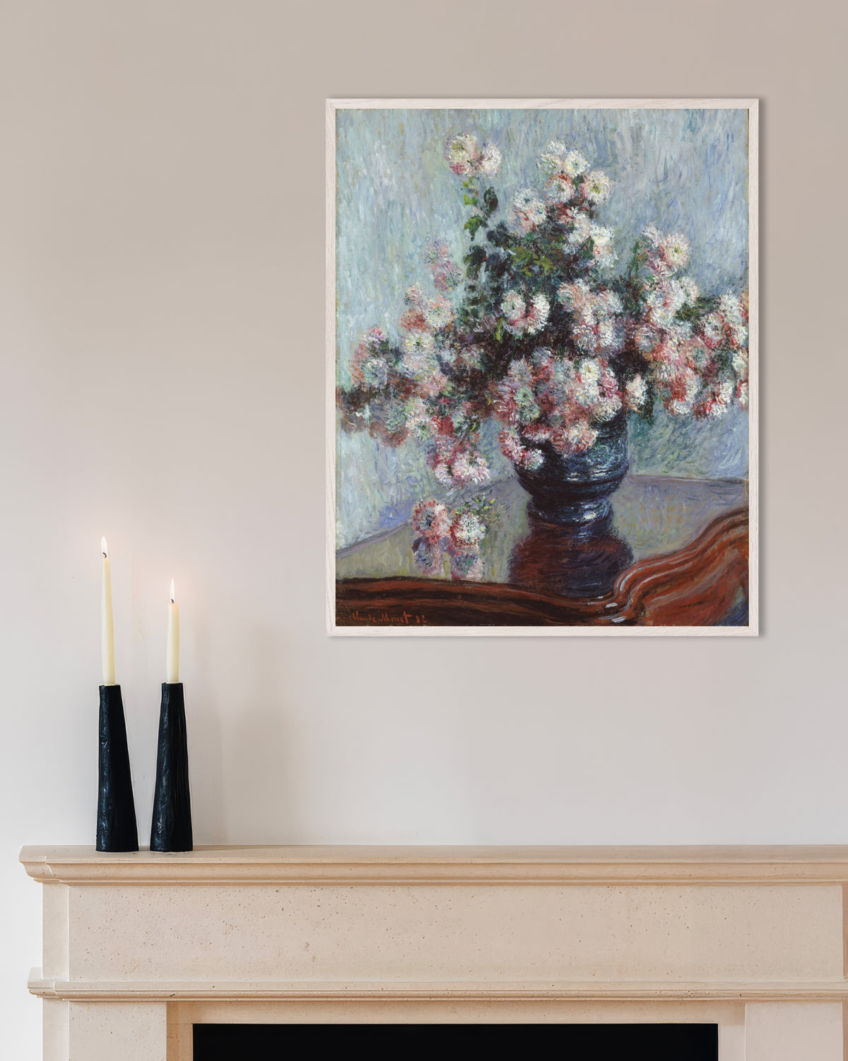 Affiche Chrysanthèmes (1882) de Claude Monet, avec un cadre en bois blanc