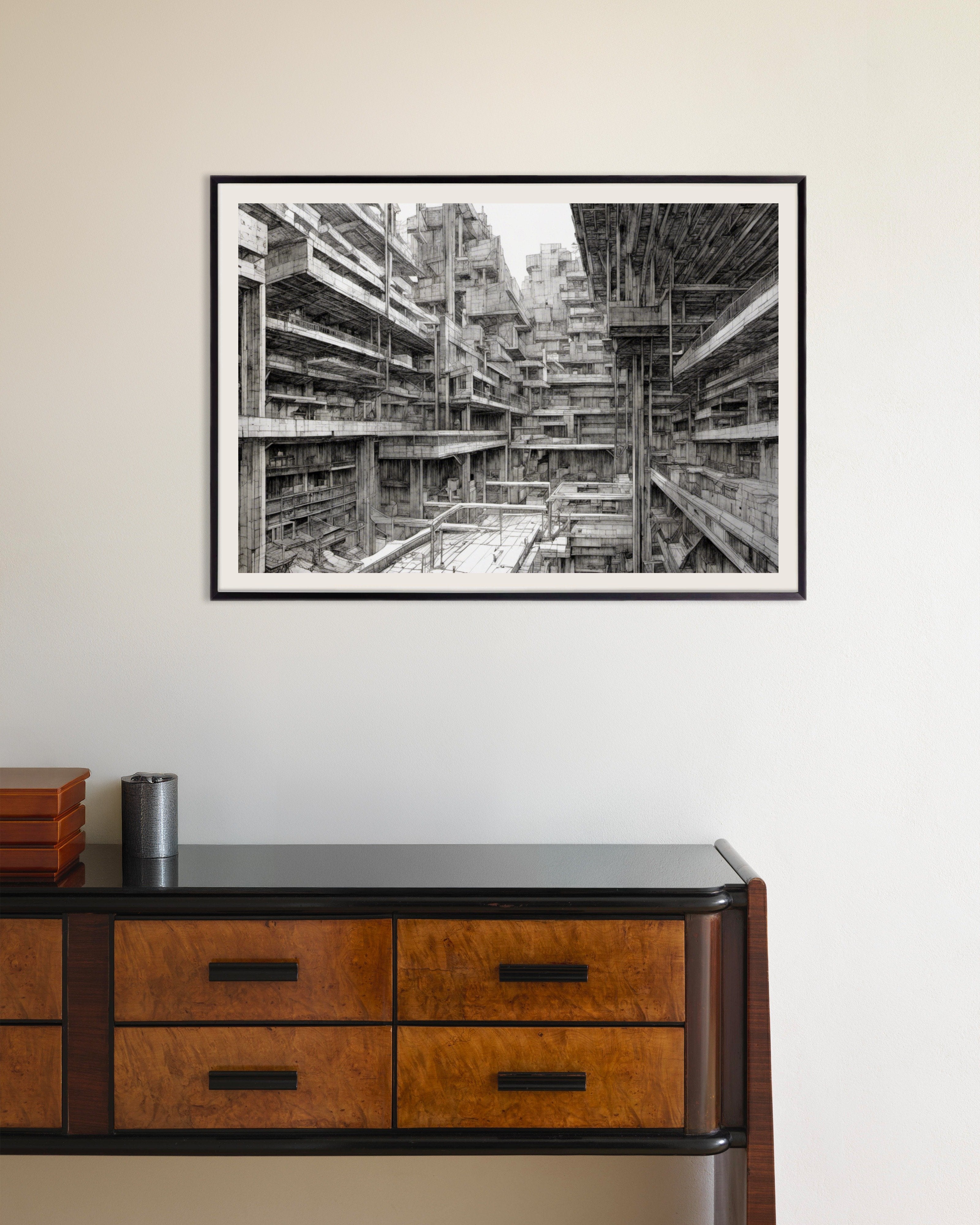 Poster of Contemporary black cyberpunk manga, buildings - Poster, with metal frame