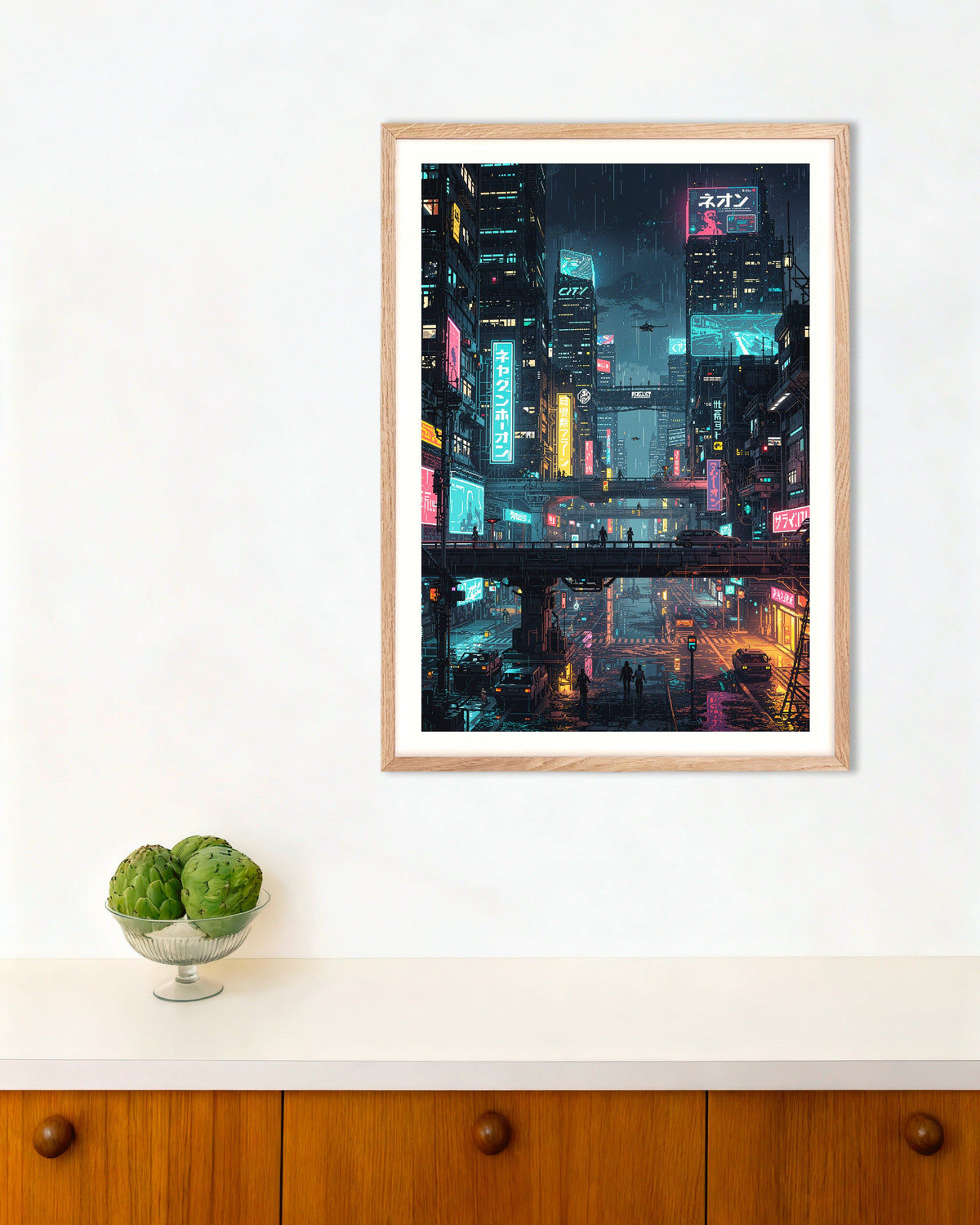Poster « Ville japonaise cyberpunk en pixel art », avec cadre en bois naturel
