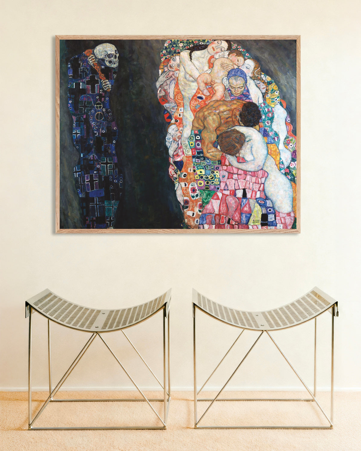 Poster de La Vie et la Mort (1910–1915) de Gustav Klimt, avec cadre en bois naturel