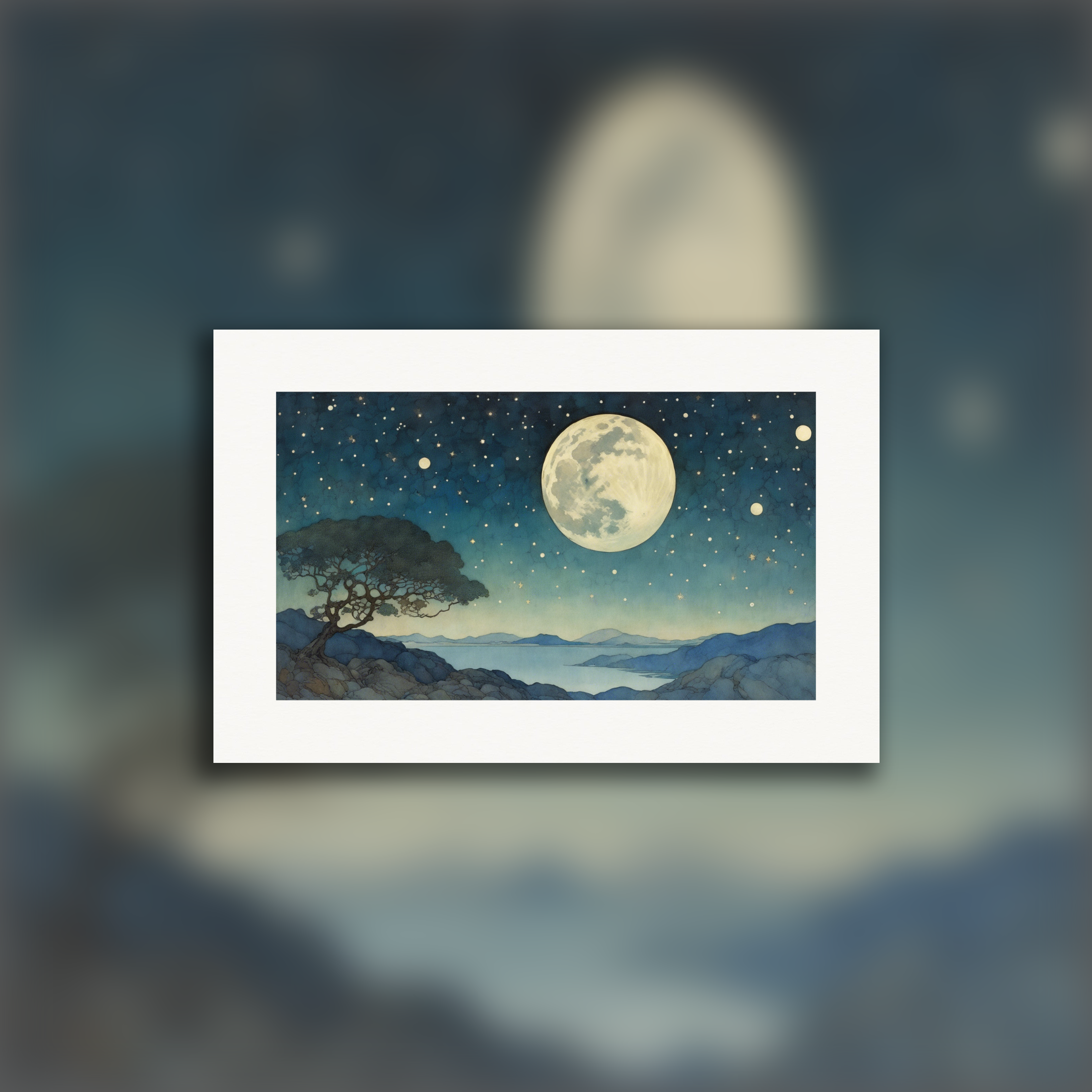 Illustration enchanteresse, Lune et ciel étoilé - Affiche