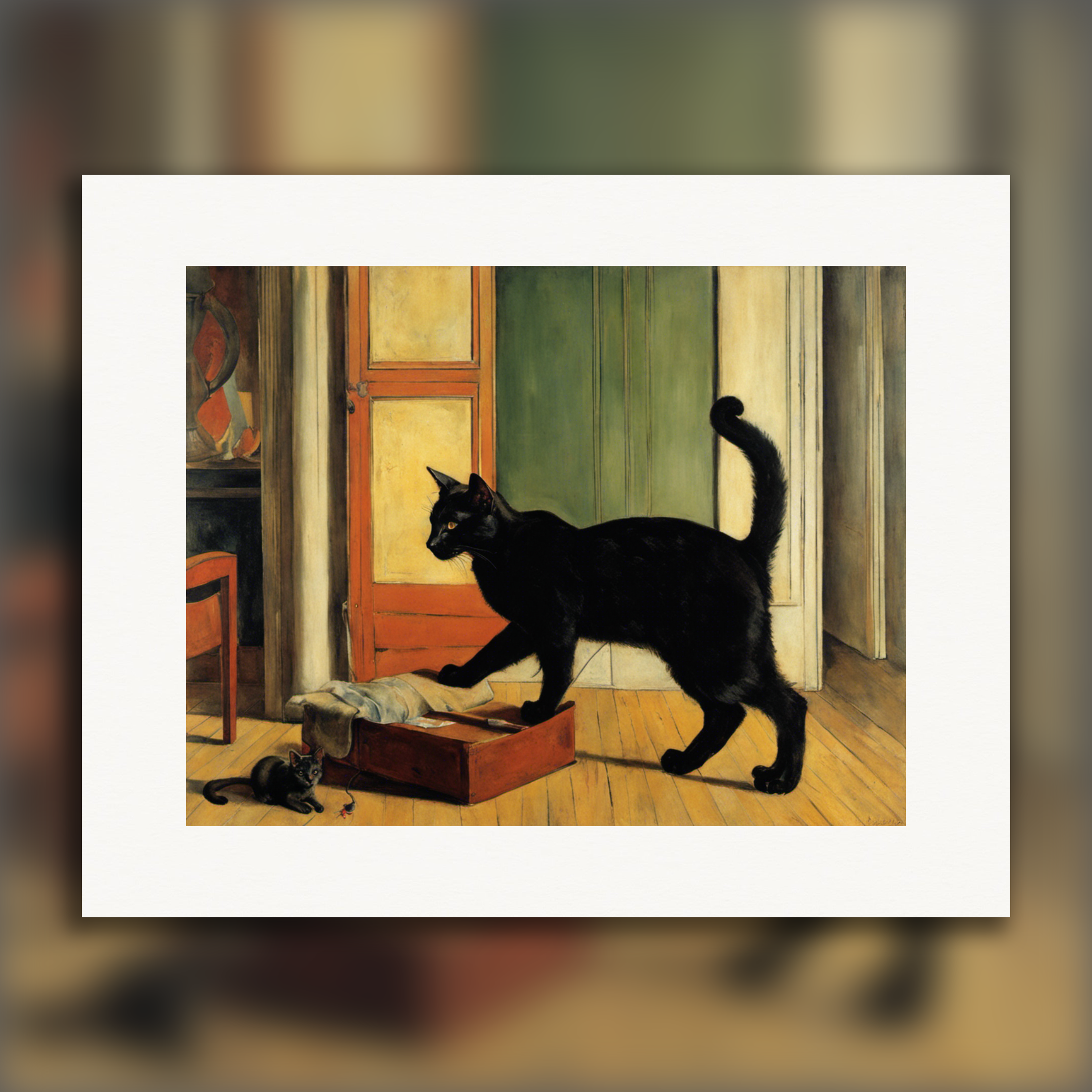 Peinture figurative française, un chat noir - Affiche