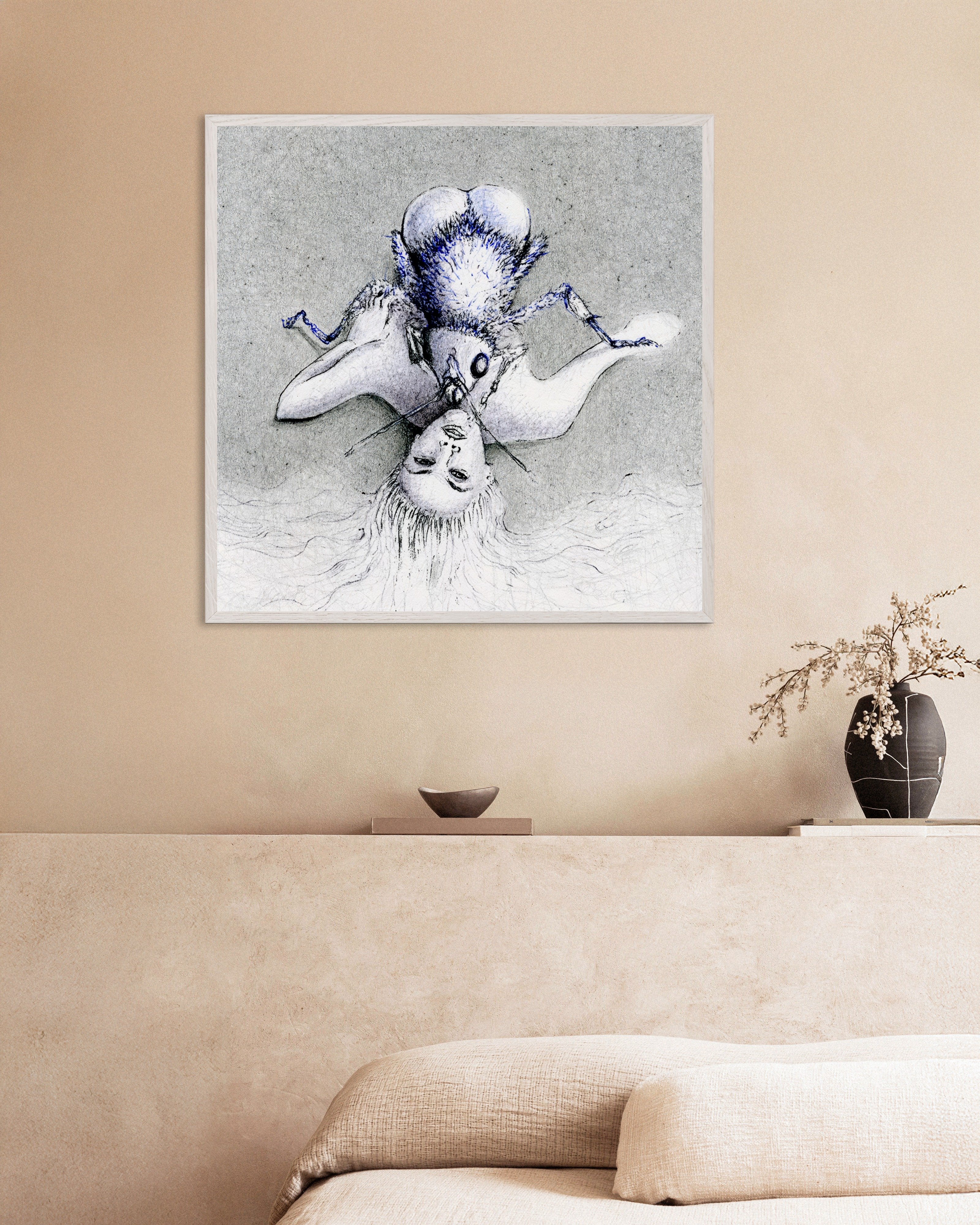 Poster of Ero Guro - The woman and the fly – Poster - Ballpoint pen art, with white wooden frame