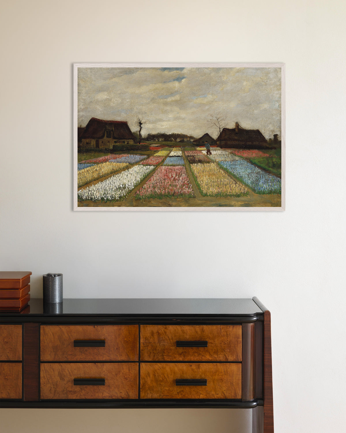Poster de Parterres de fleurs en Hollande (vers 1883), Vincent van Gogh, avec un cadre en bois blanc