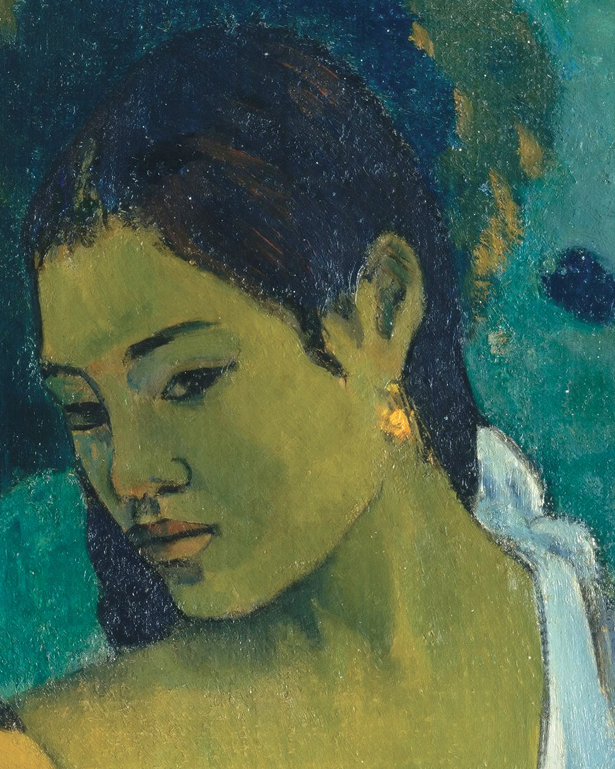 A close-up painted Paul Gauguin's portrait of a woman with dark hair, pale green skin, and a white garment against a teal and blue background.