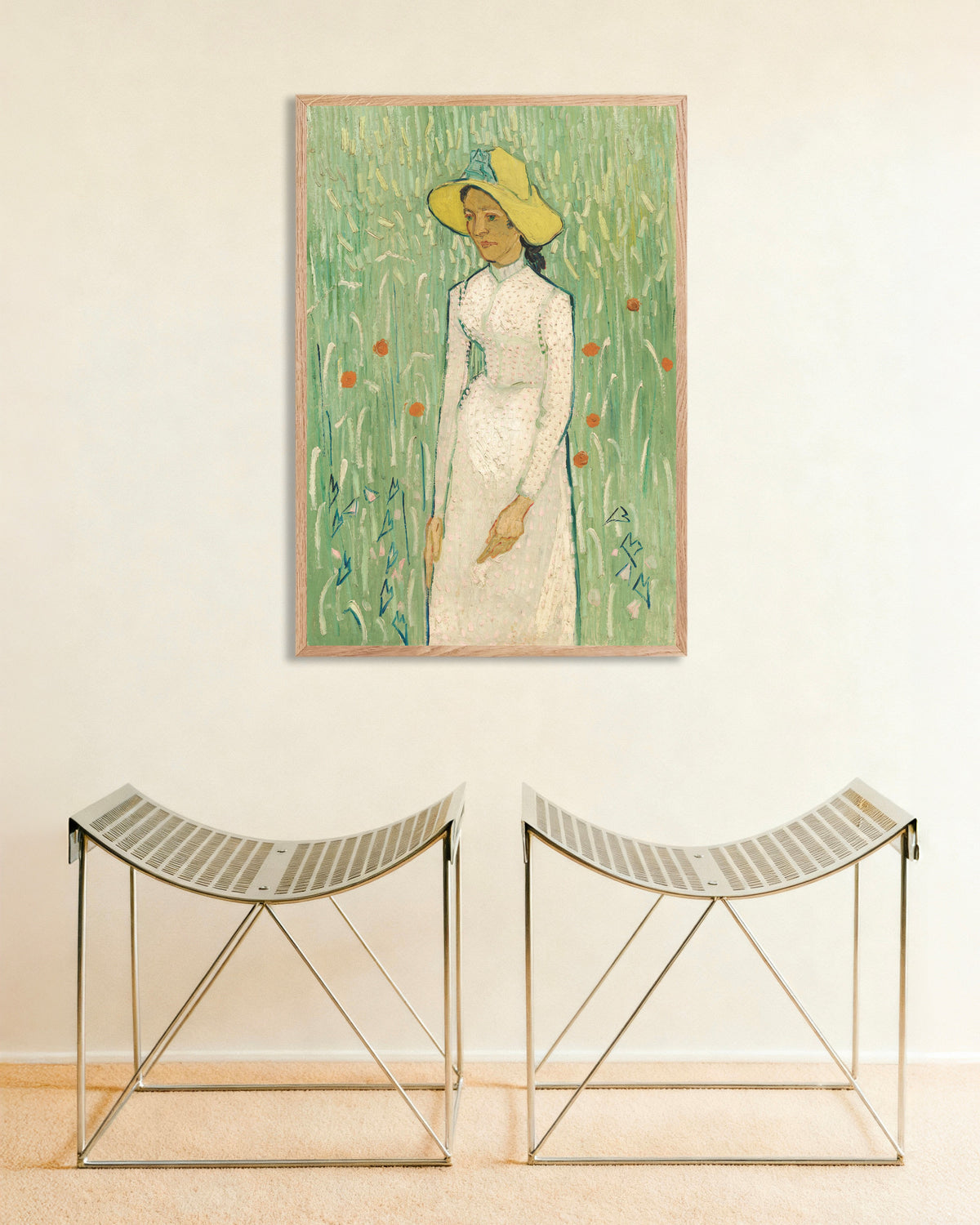 Poster Jeune fille en blanc (1890), Vincent van Gogh, avec un cadre en bois naturel