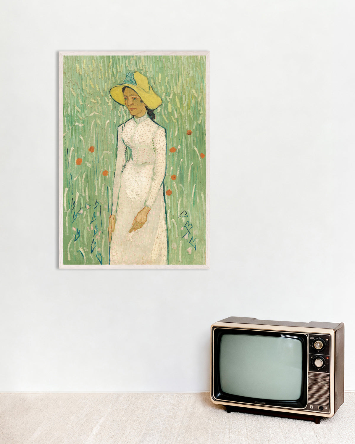 Poster Jeune fille en blanc (1890), Vincent van Gogh, avec un cadre en bois blanc