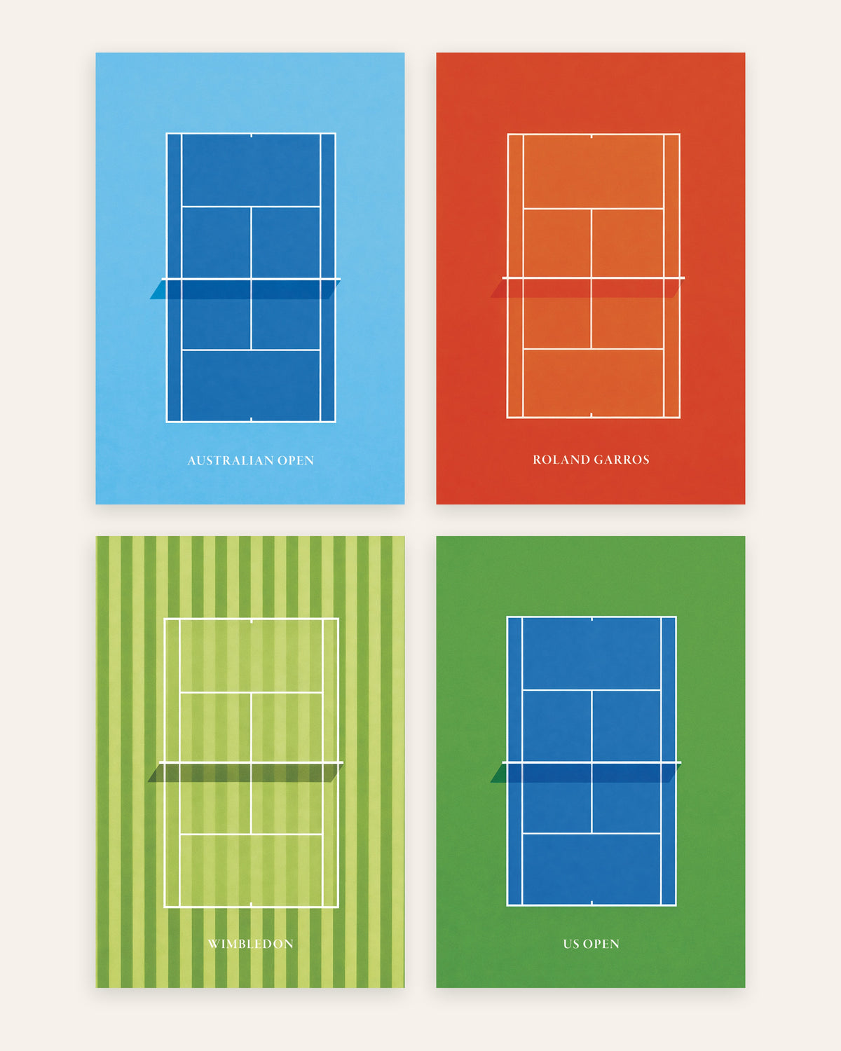 Affiches tennis Grand Chelem, lot de 4 : Open d’Australie, Roland-Garros, Wimbledon et US Open, sans cadre