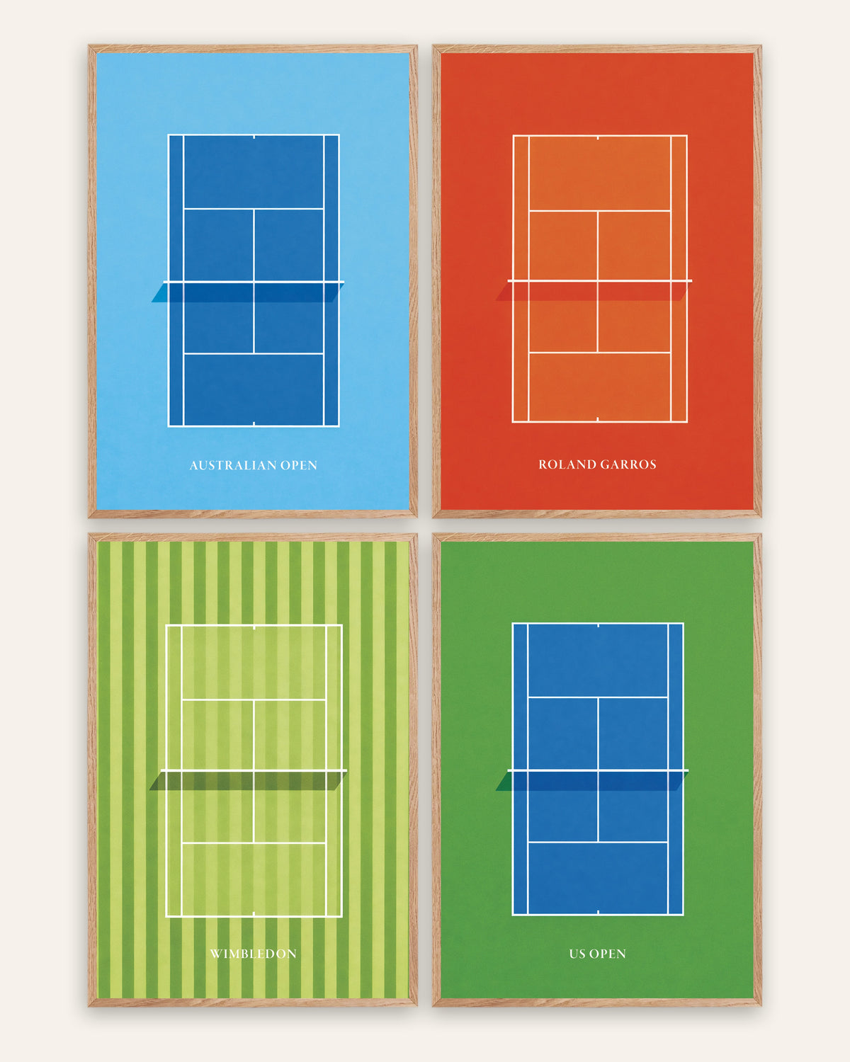 Affiches tennis Grand Chelem, lot de 4 : Open d’Australie, Roland-Garros, Wimbledon et US Open, cadres en chêne naturel