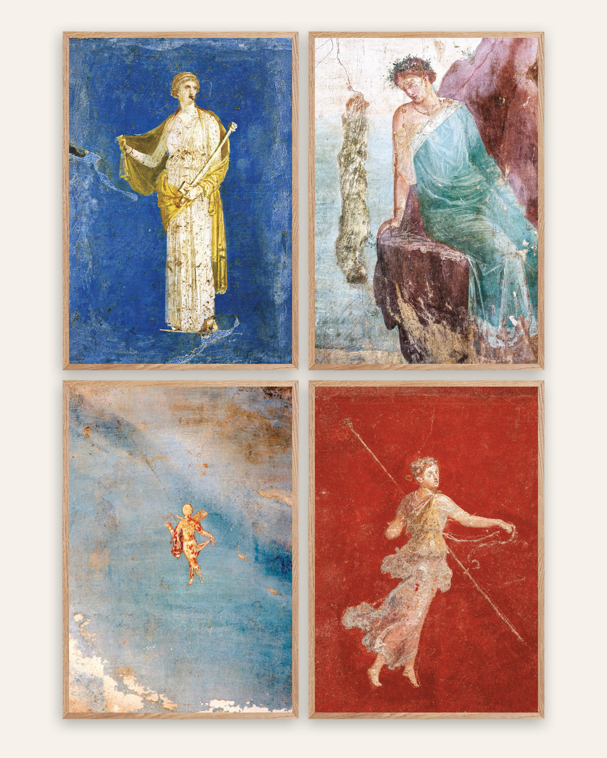 Affiches fresques romaines, lot de 4 : Médée, Icare, Psyché et ménade, cadres en chêne naturel