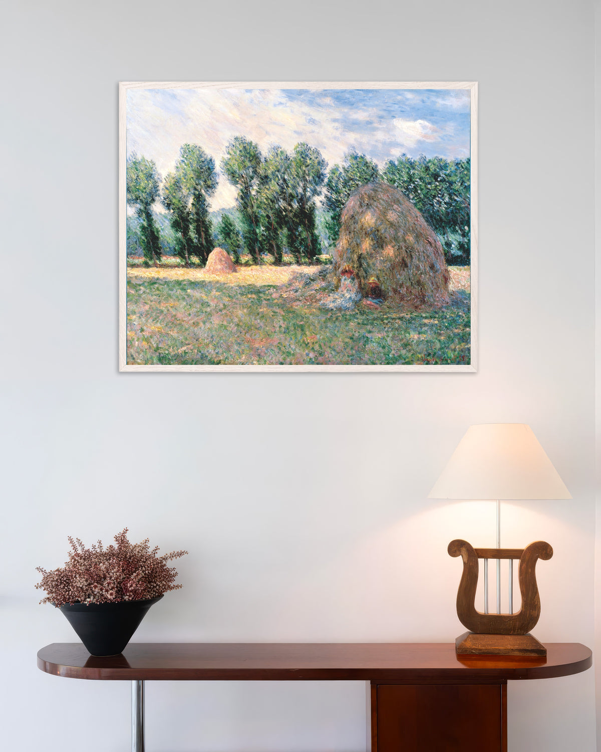Affiche Meules (1885) de Claude Monet, avec un cadre en bois blanc