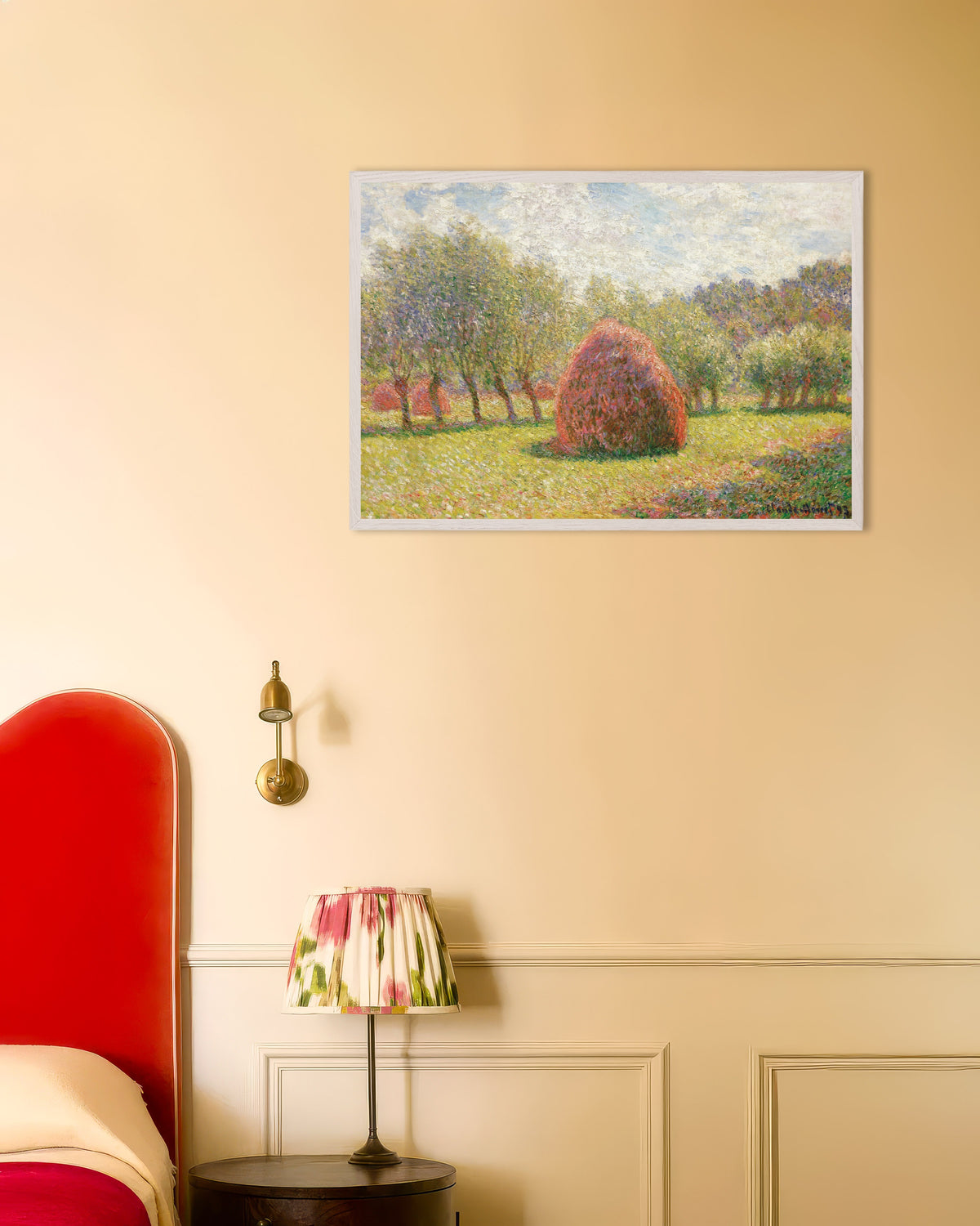 Affiche Meules à Giverny (1893) de Claude Monet, avec un cadre en bois blanc