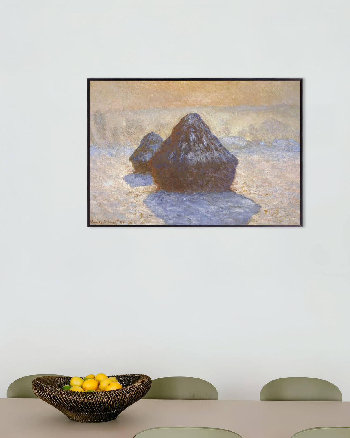 Affiche Meules, effet de neige (1891) de Claude Monet, avec un cadre en métal