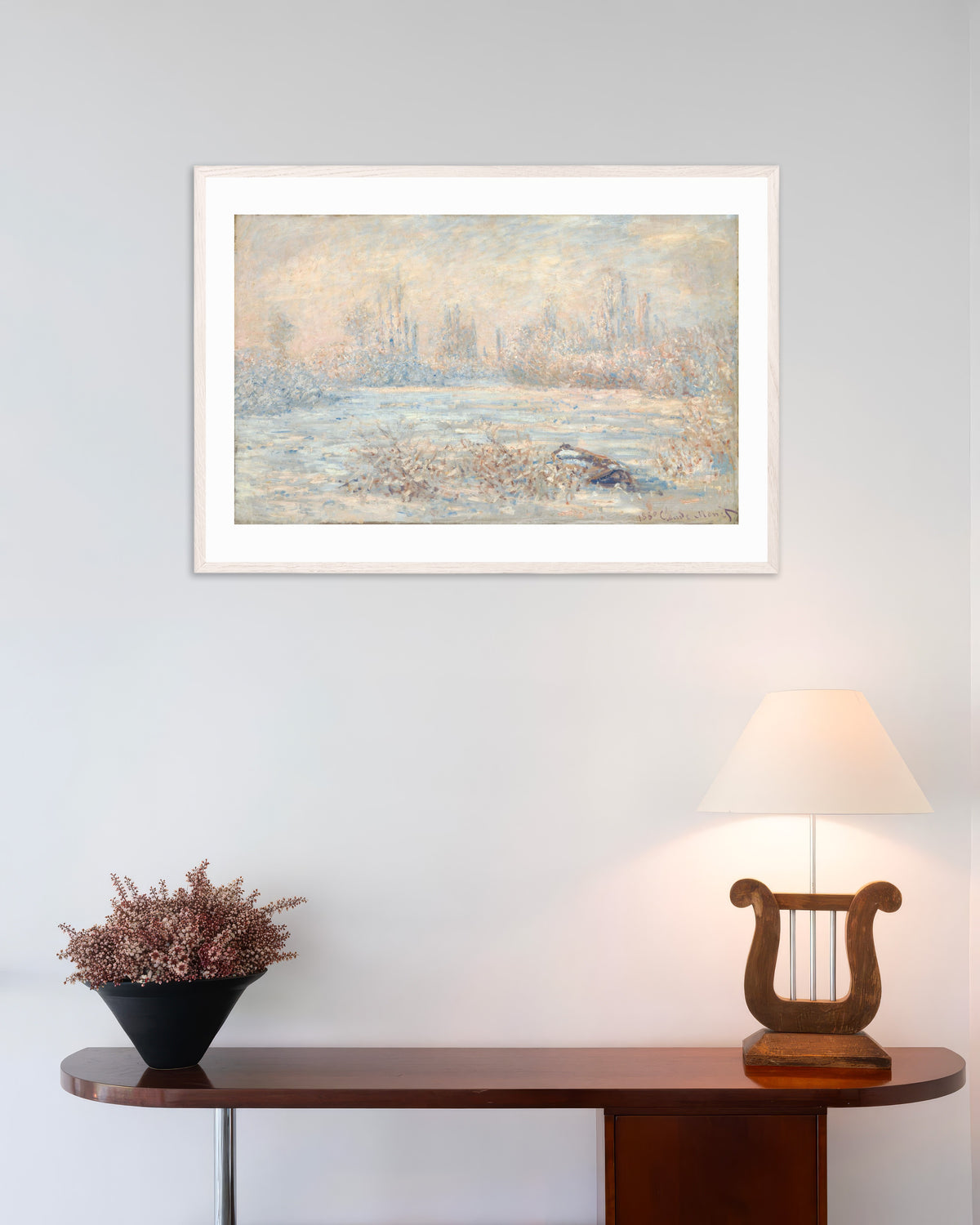 Affiche Le Givre (1880) de Claude Monet, avec un cadre en bois blanc