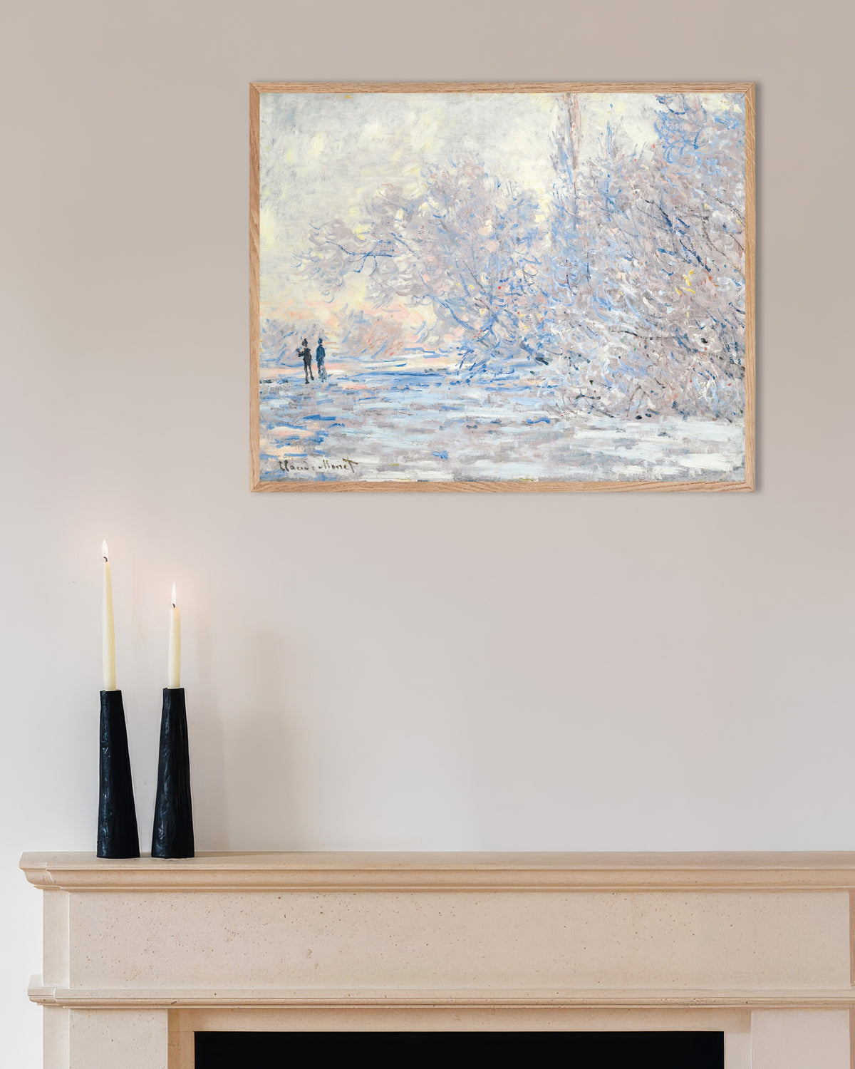 Affiche Le Givre à Giverny (1885) de Claude Monet, avec un cadre en bois naturel