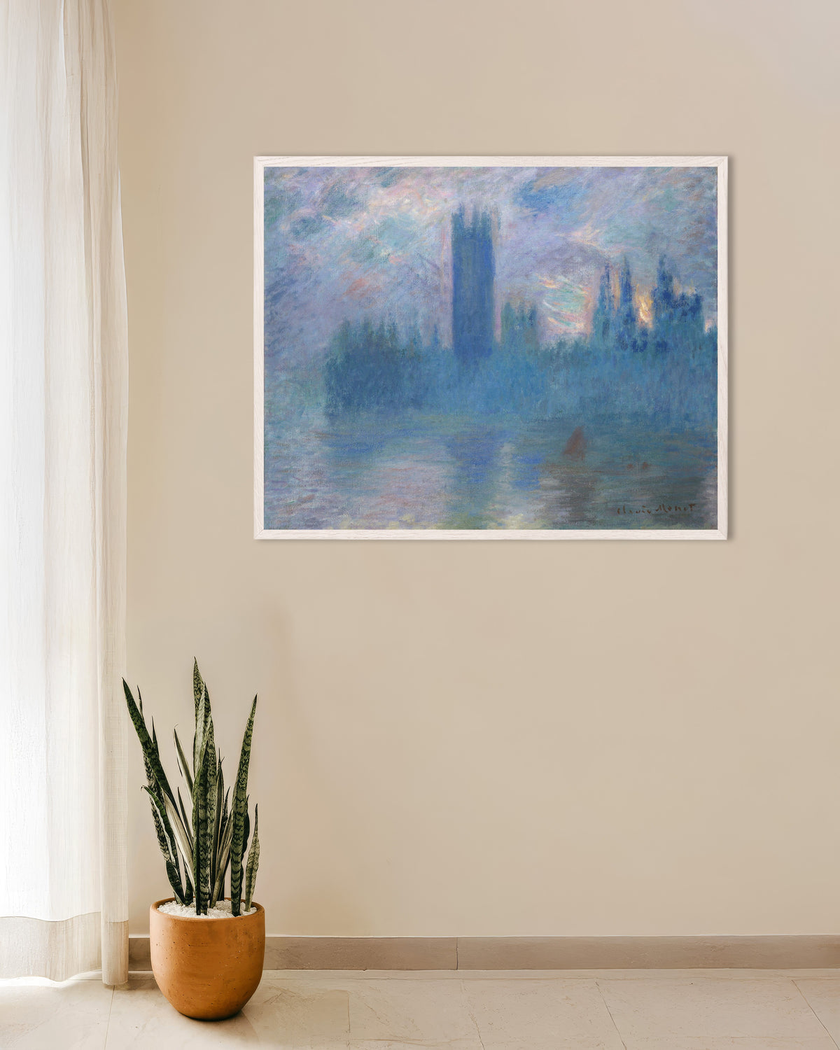 Affiche Le Parlement de Londres (1900) de Claude Monet, avec un cadre en bois blanc