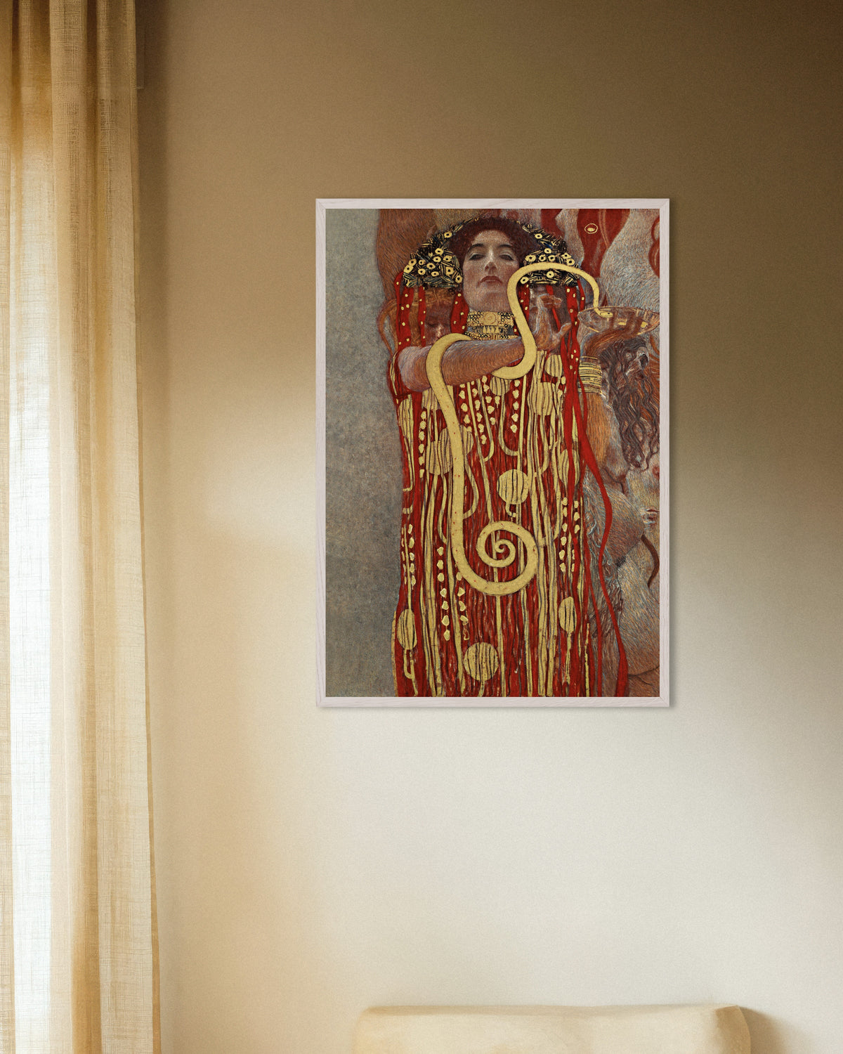 Affiche Hygie, détail de La Médecine (1907) de Gustav Klimt, avec un cadre en bois blanc