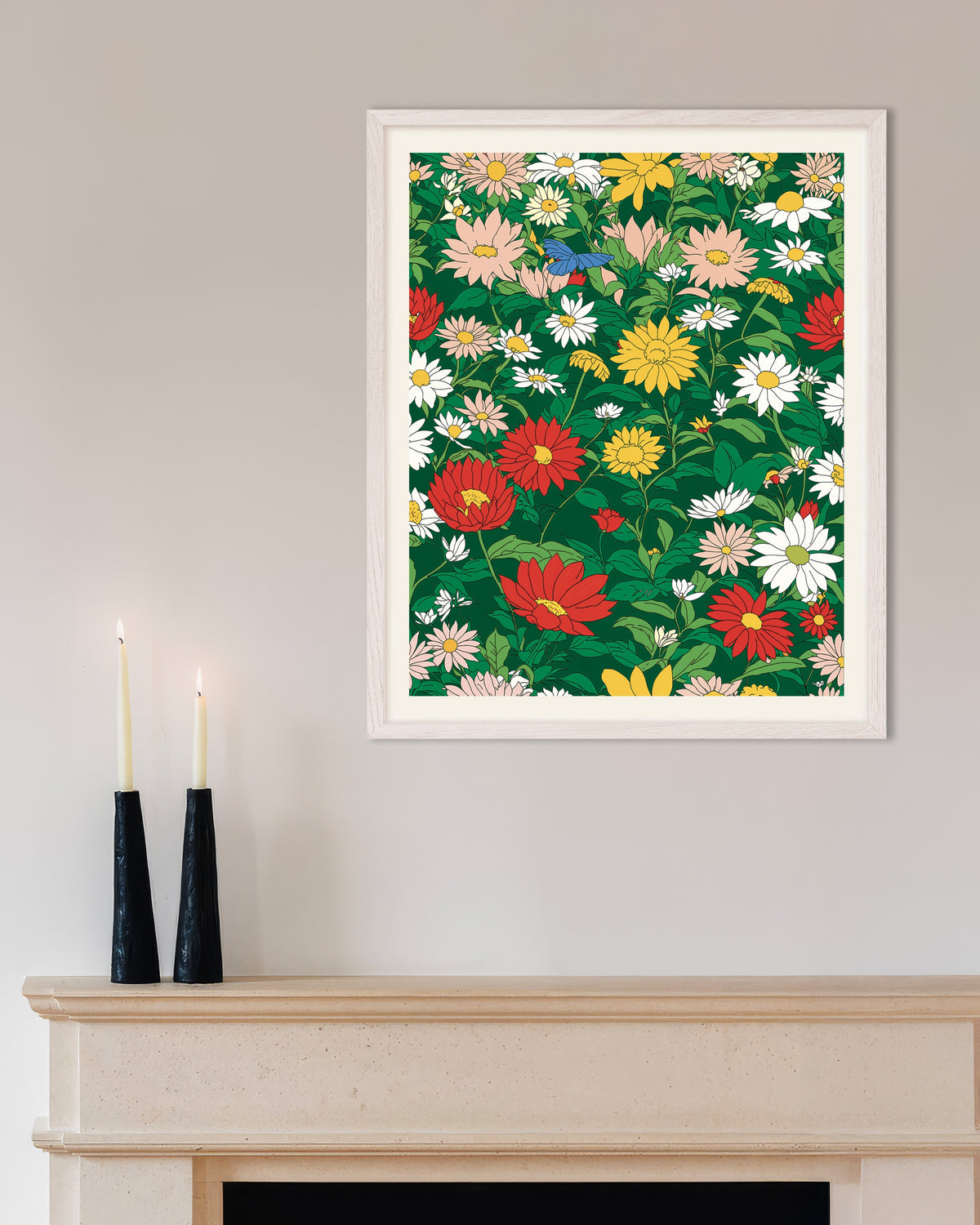 Poster : Studio japonais d'animation, Fleurs, avec cadre en bois blanc