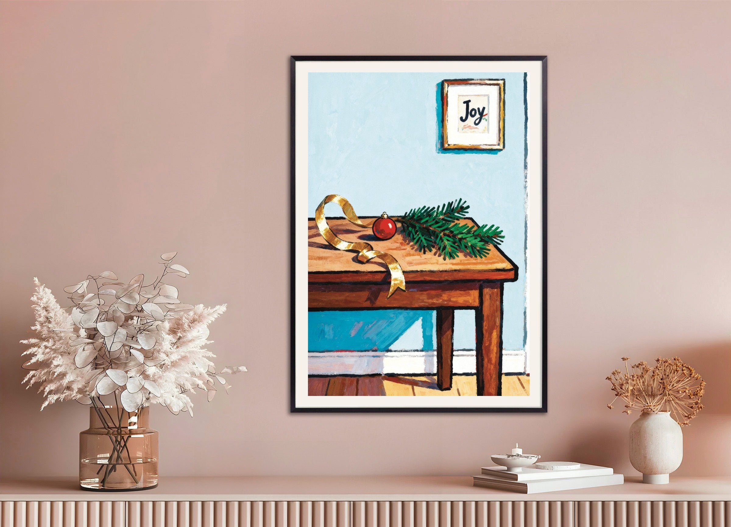 Poster of Joy Christmas table art print, with metal frame