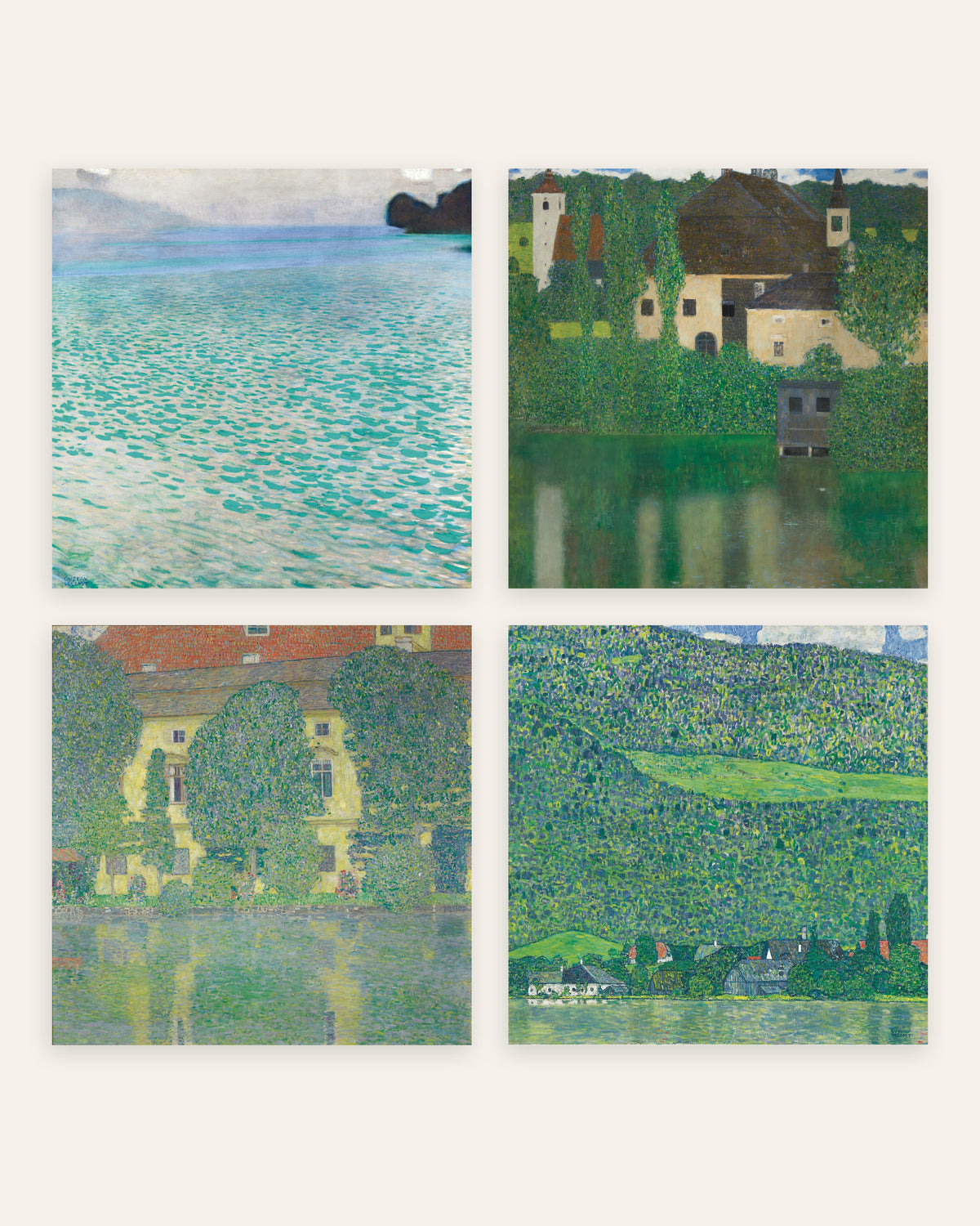 Affiches Klimt, lot de 4 : l’Attersee, le château de Kammer et Litzlberg, sans cadre